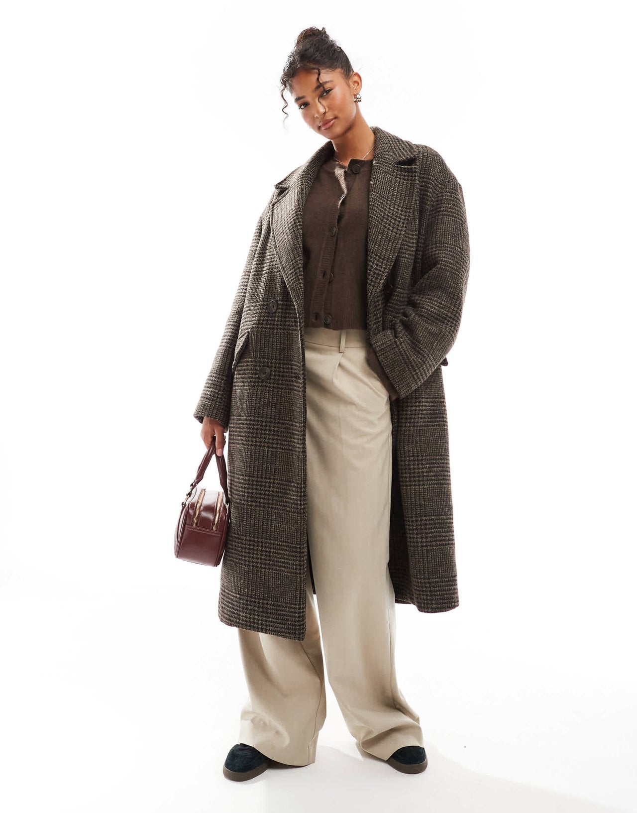Bershka slouchy tailored coat in brown check
