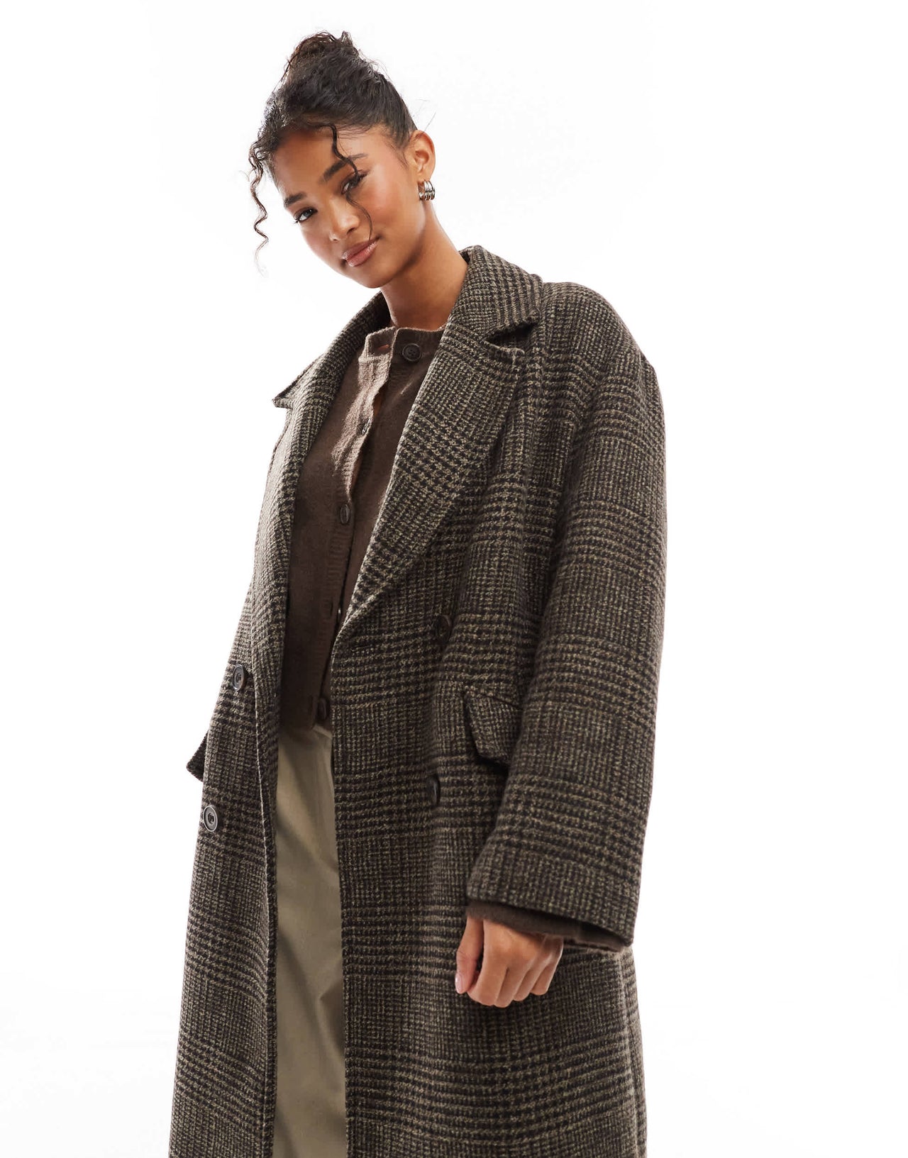 Bershka slouchy tailored coat in brown check