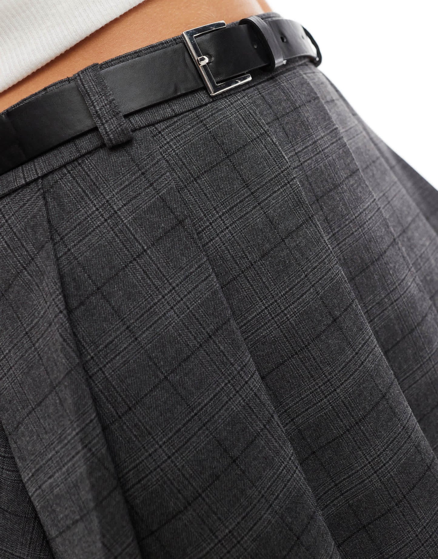 Bershka belted pleated tailored skirt in grey check