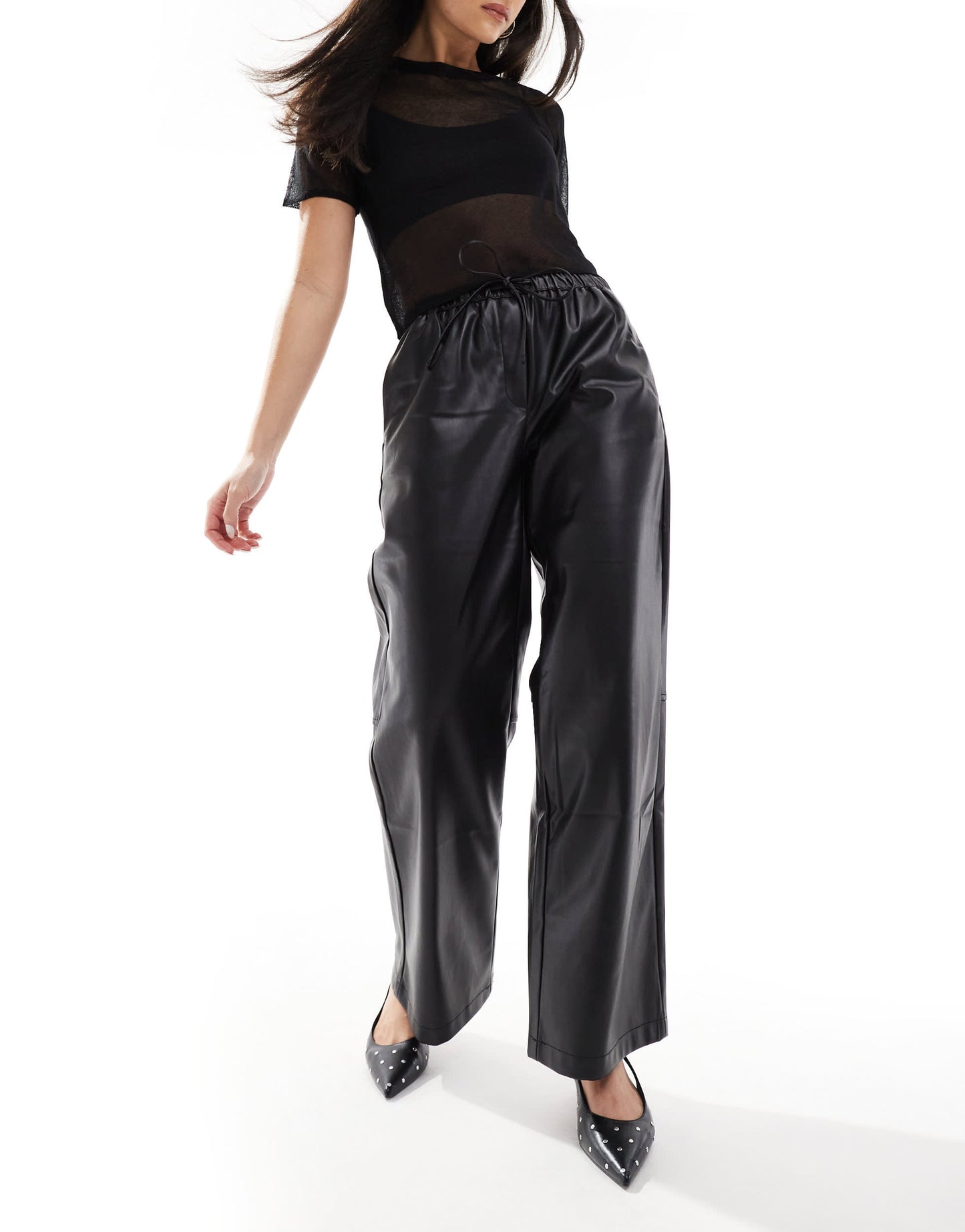 Bershka faux leather tie waist wide leg trousers in black