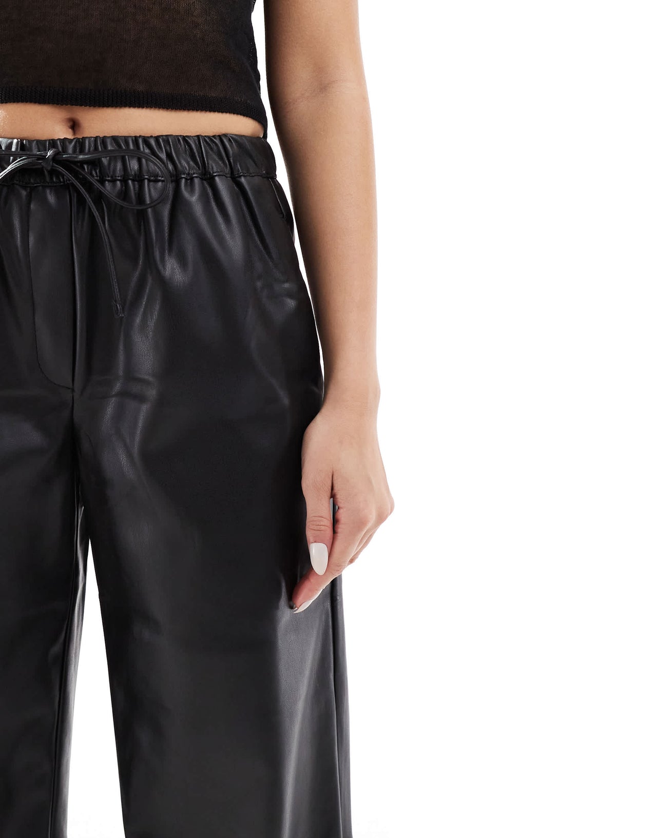 Bershka faux leather tie waist wide leg trousers in black