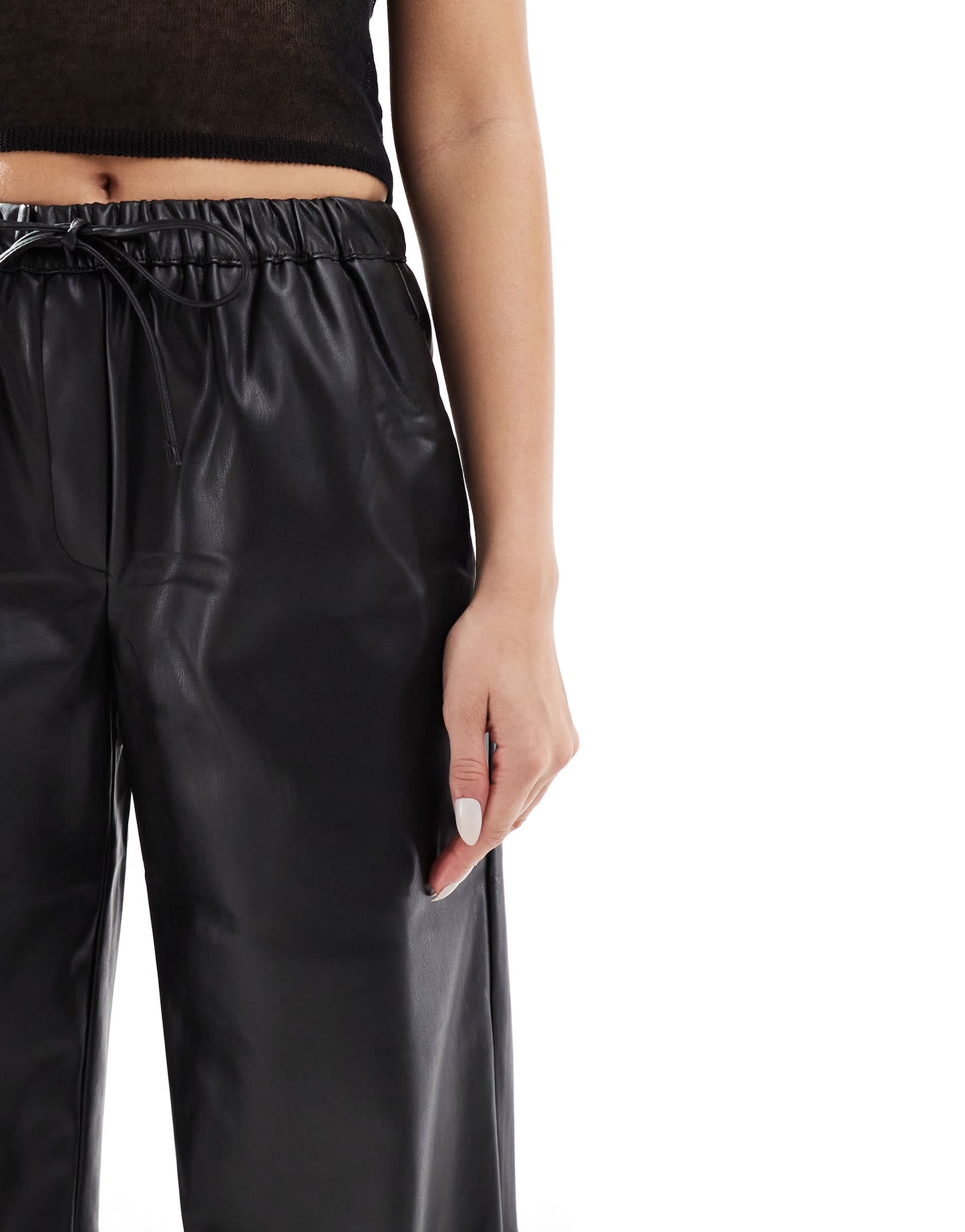 Bershka faux leather tie waist wide leg trousers in black