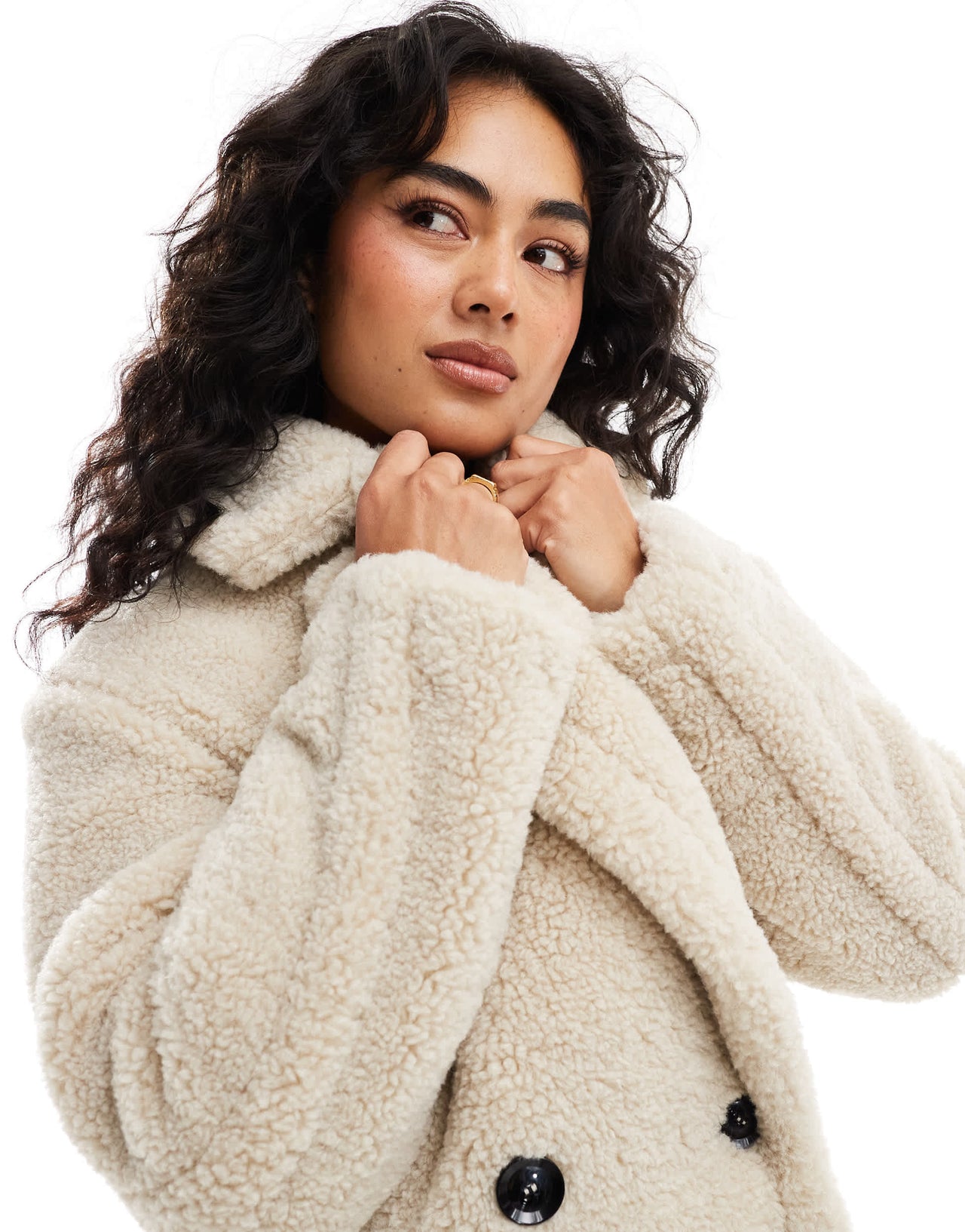 Bershka oversized longline shearling coat in ecru