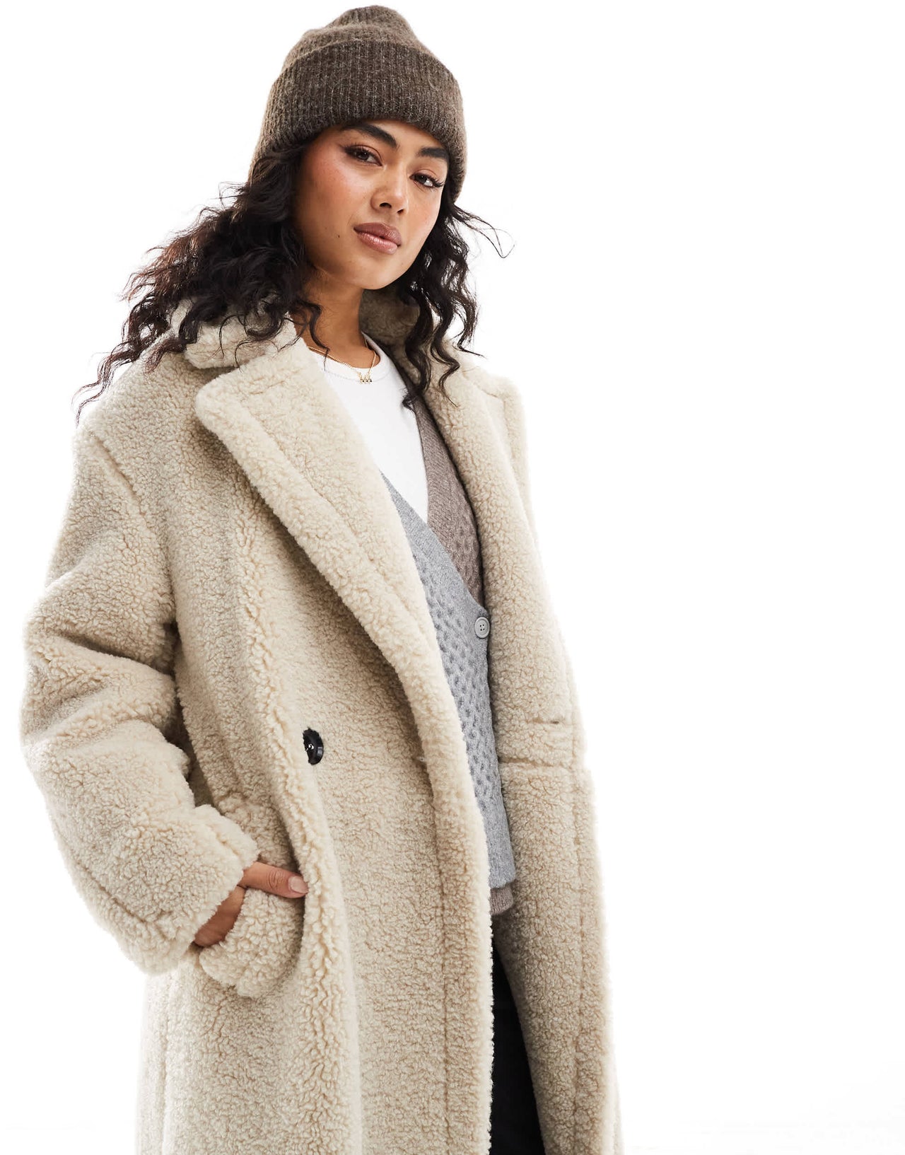 Bershka oversized longline shearling coat in ecru