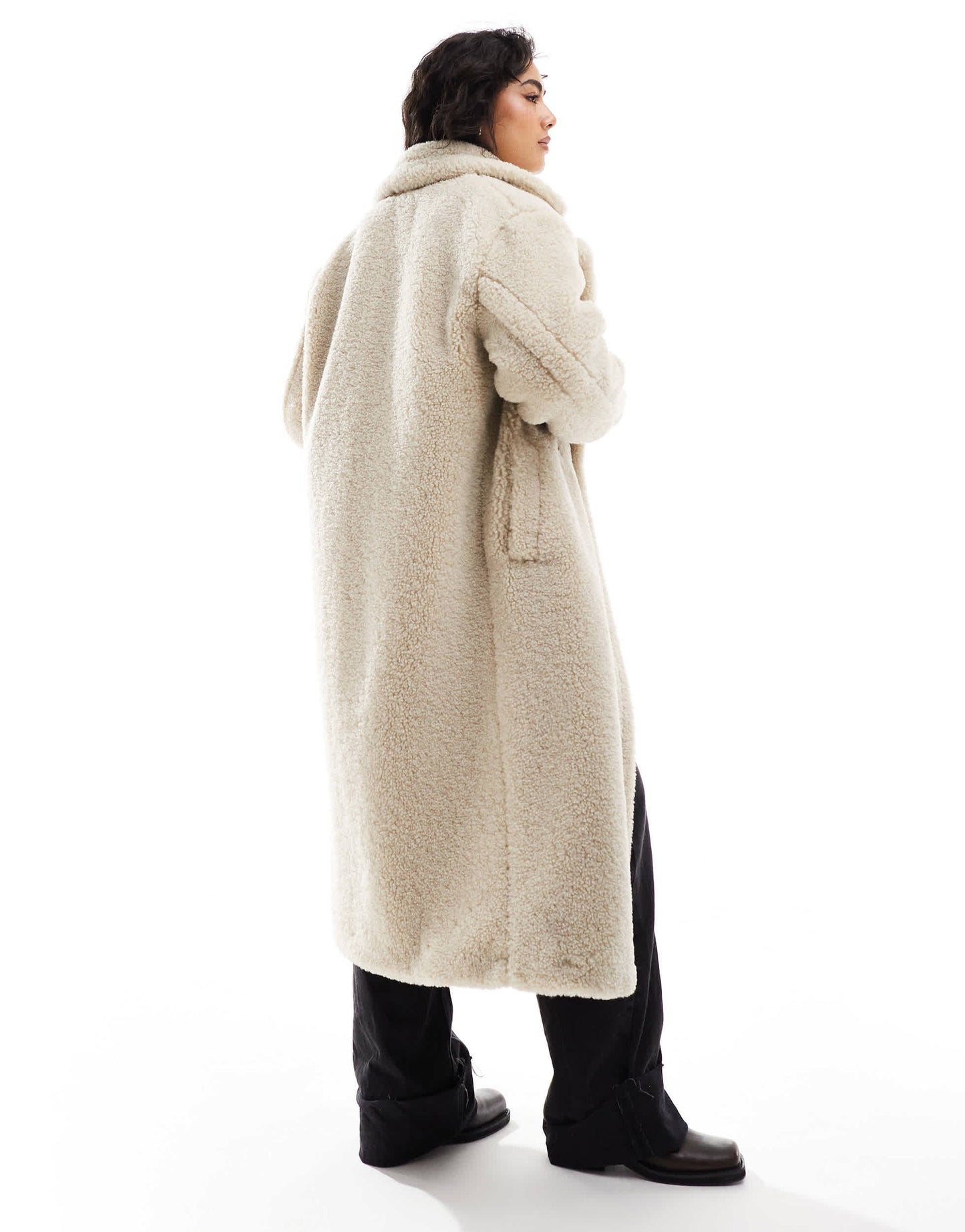 Bershka oversized longline shearling coat in ecru