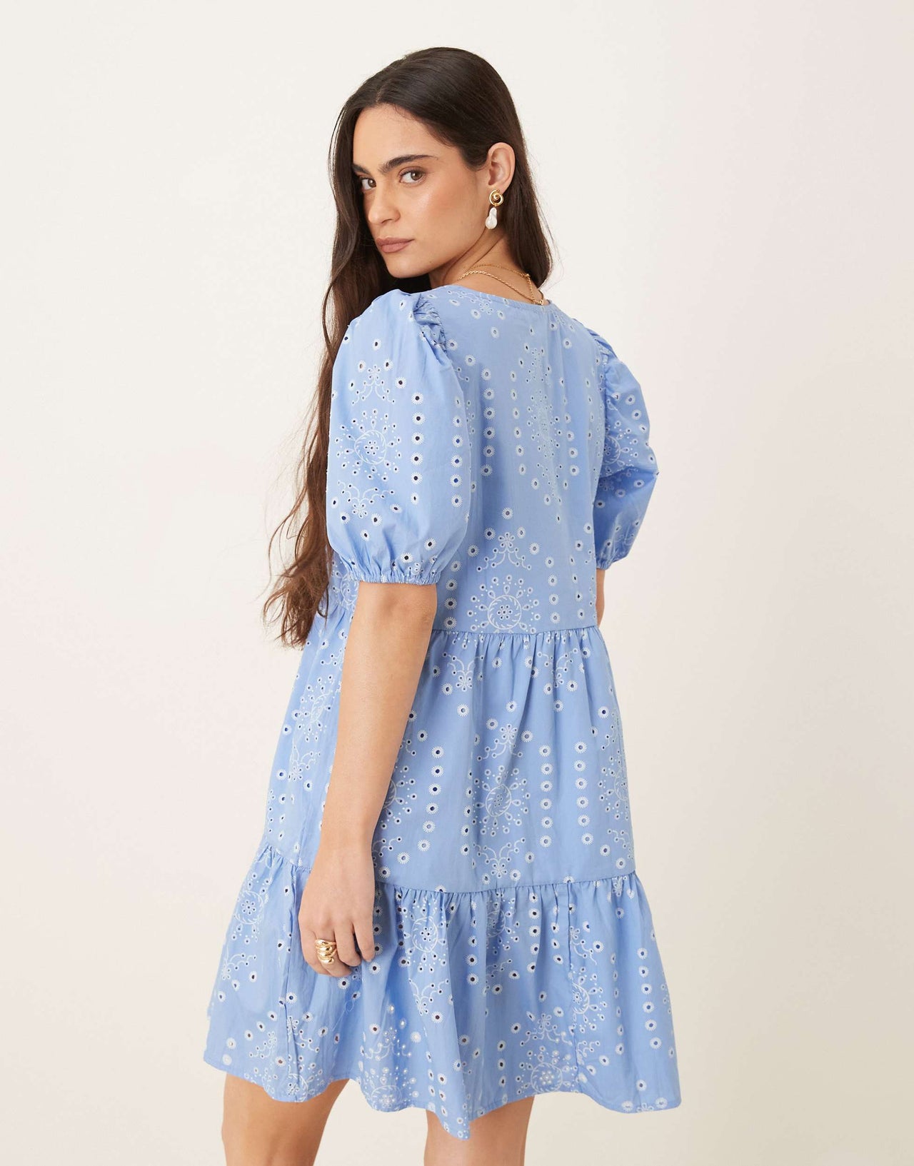 JDY embroidery details tiered mini dress in blue