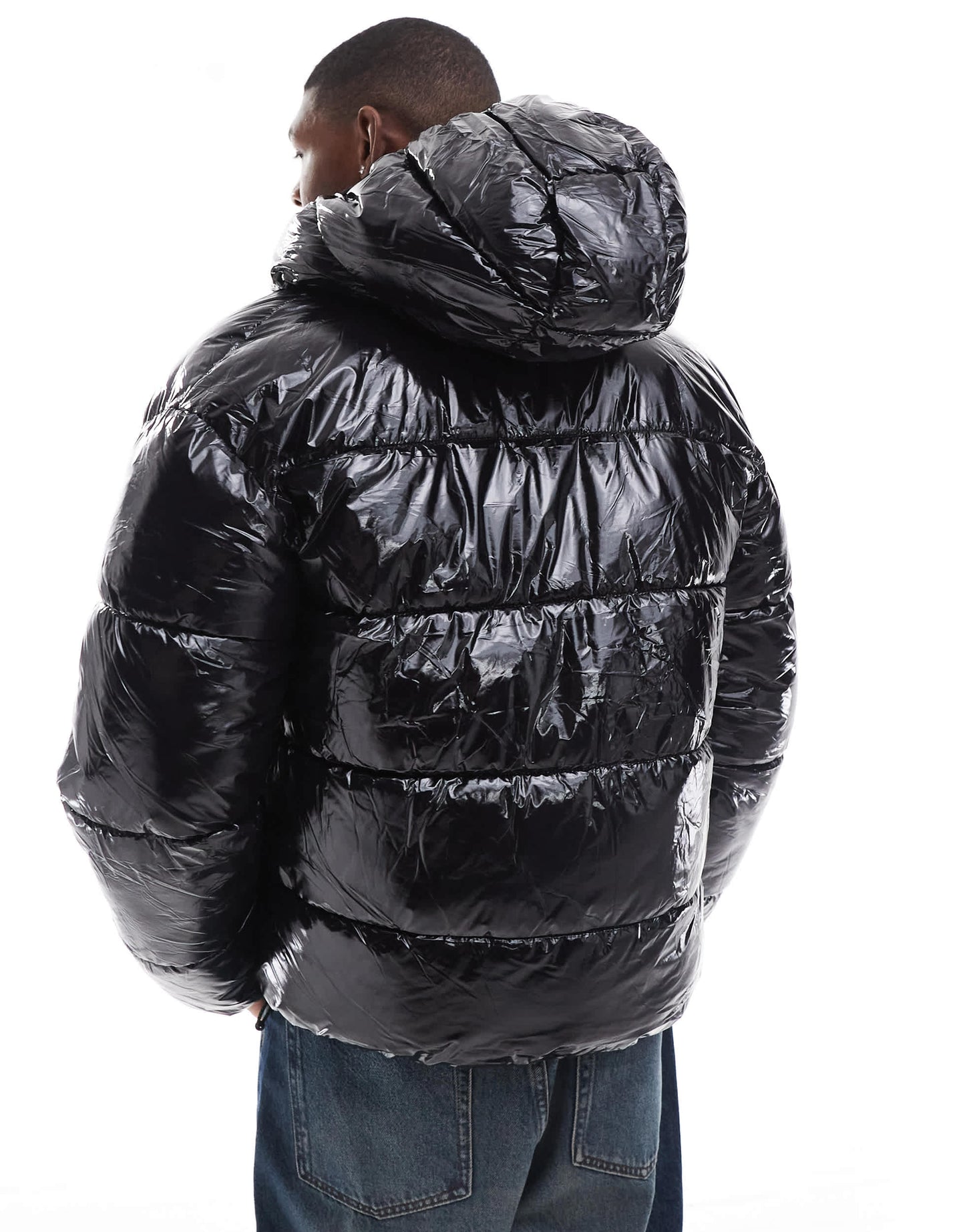 Bershka high shine puffer jacket with hood in black