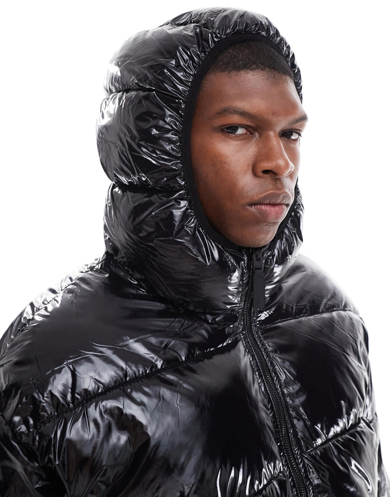 Bershka high shine puffer jacket with hood in black