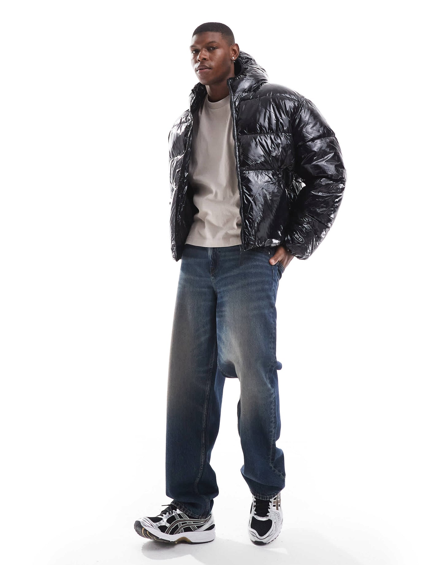 Bershka high shine puffer jacket with hood in black