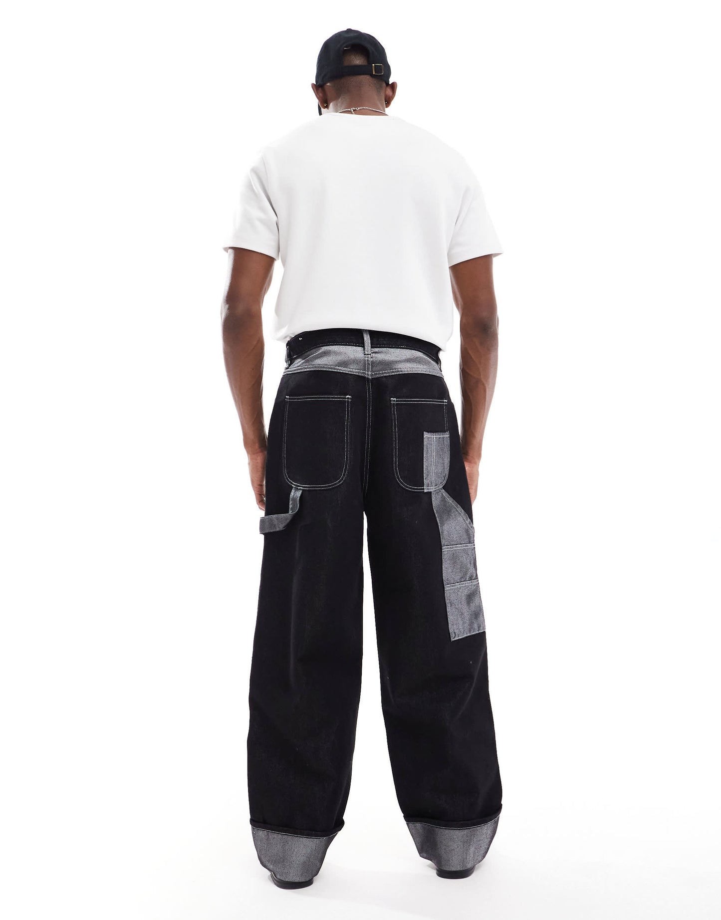 Bershka baggy carpenter co-ord jean with fold over hem in black