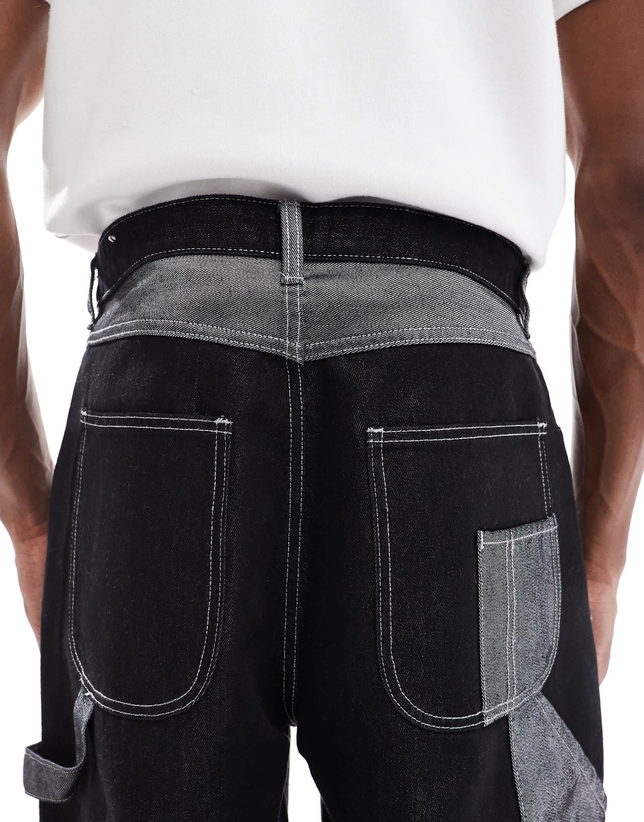 Bershka baggy carpenter co-ord jean with fold over hem in black