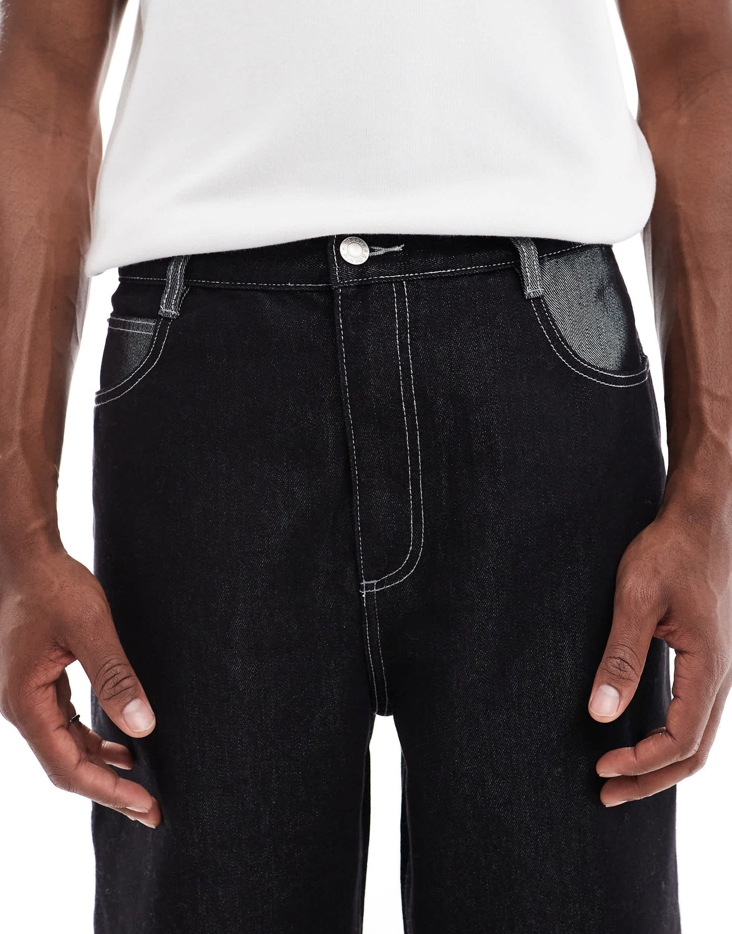 Bershka baggy carpenter co-ord jean with fold over hem in black