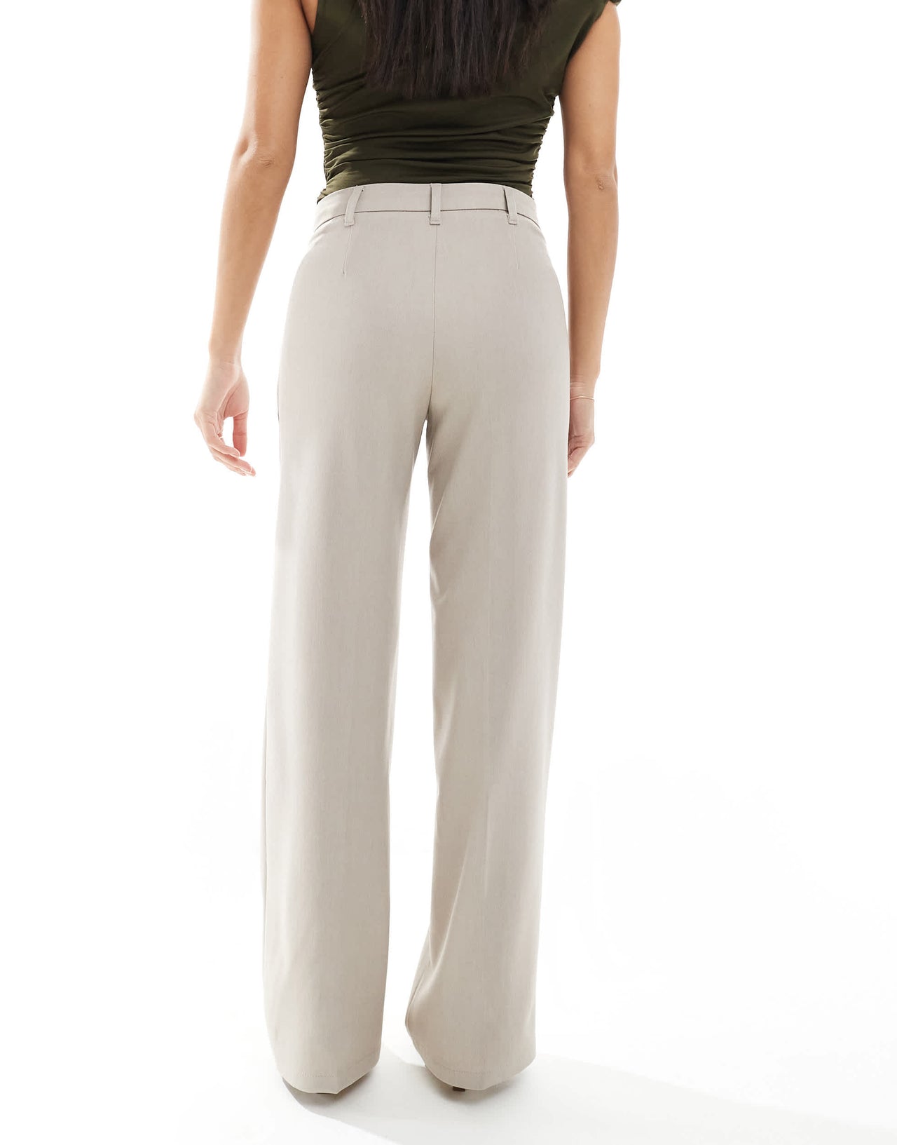 Bershka Petite wide leg tailored trousers in beige melange