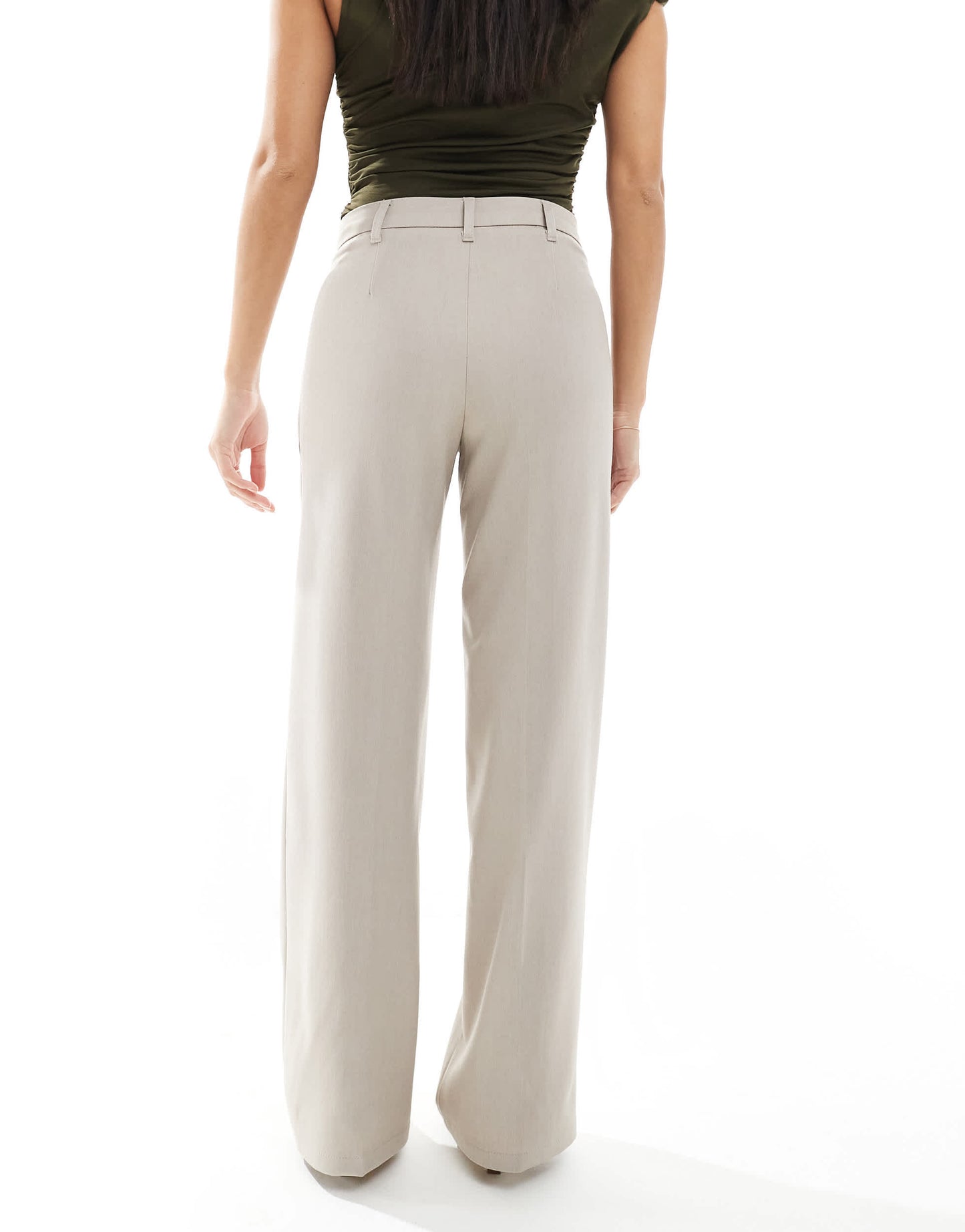 Bershka Petite wide leg tailored trousers in beige melange