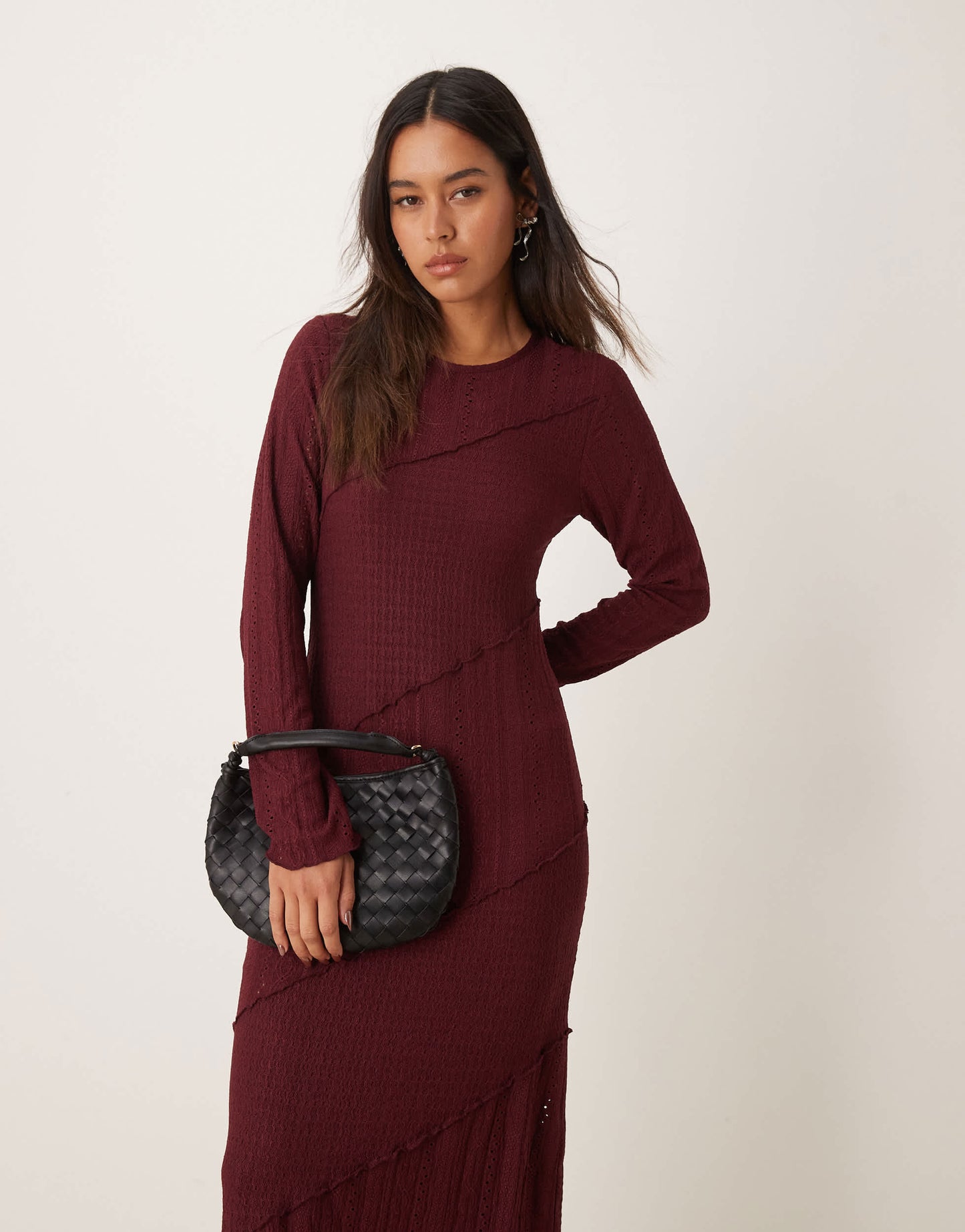 Miss Selfridge mix texture long sleeve dress in burgundy