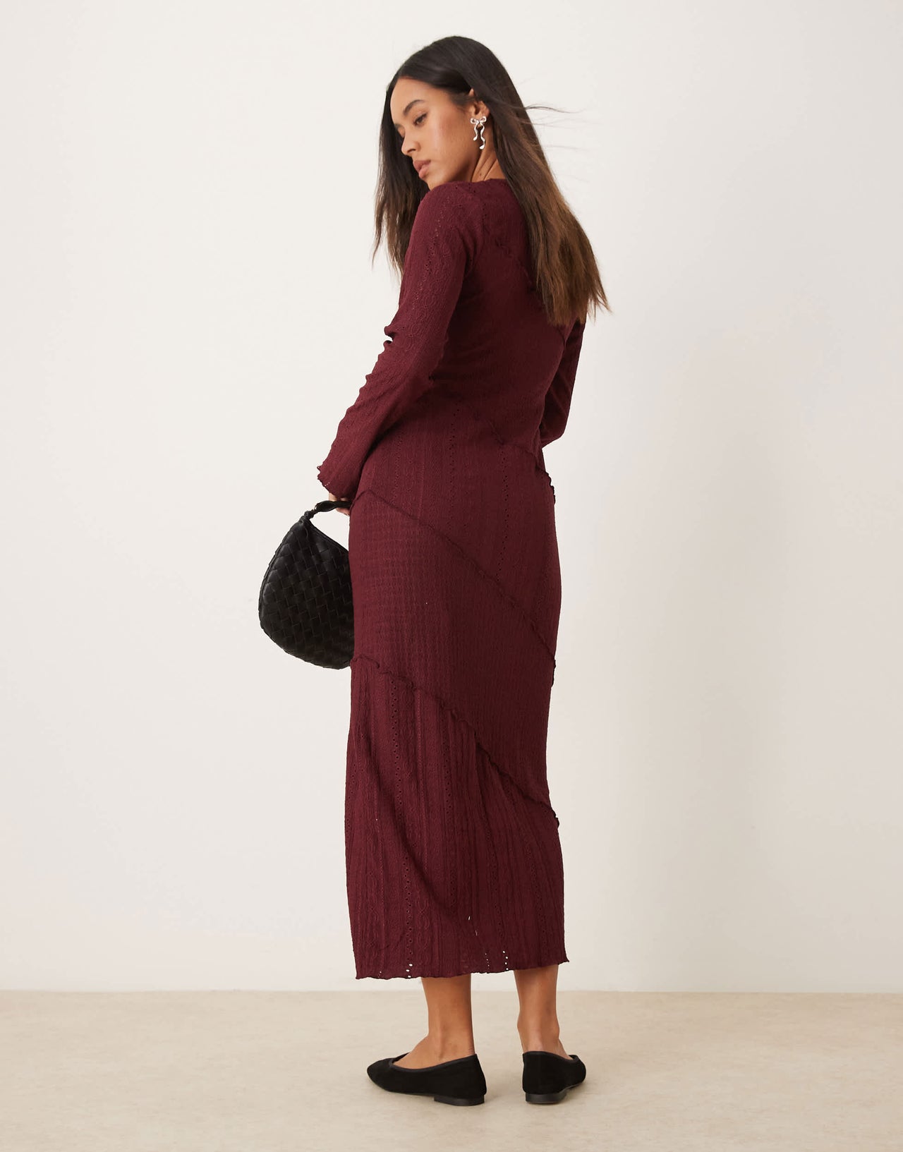 Miss Selfridge mix texture long sleeve dress in burgundy