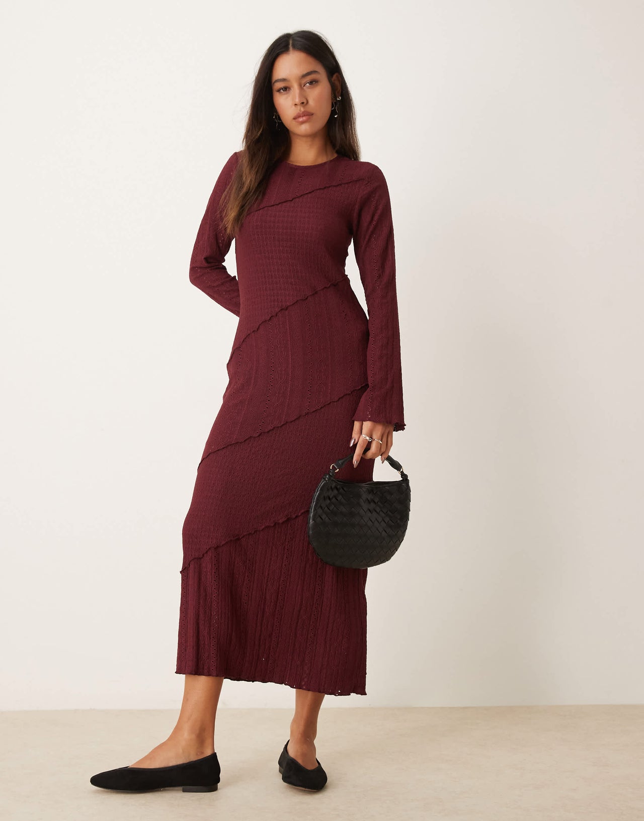 Miss Selfridge mix texture long sleeve dress in burgundy