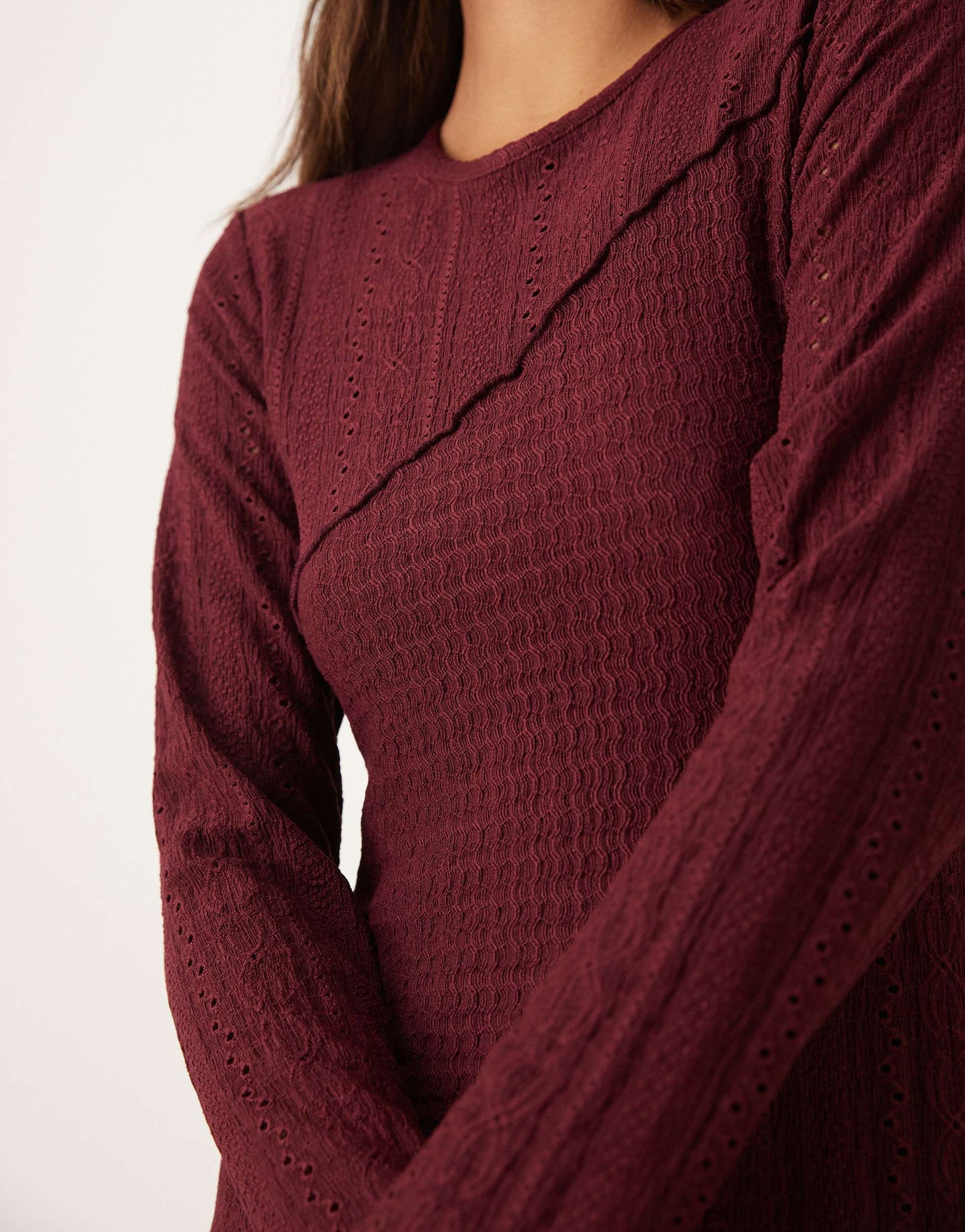 Miss Selfridge mix texture long sleeve dress in burgundy