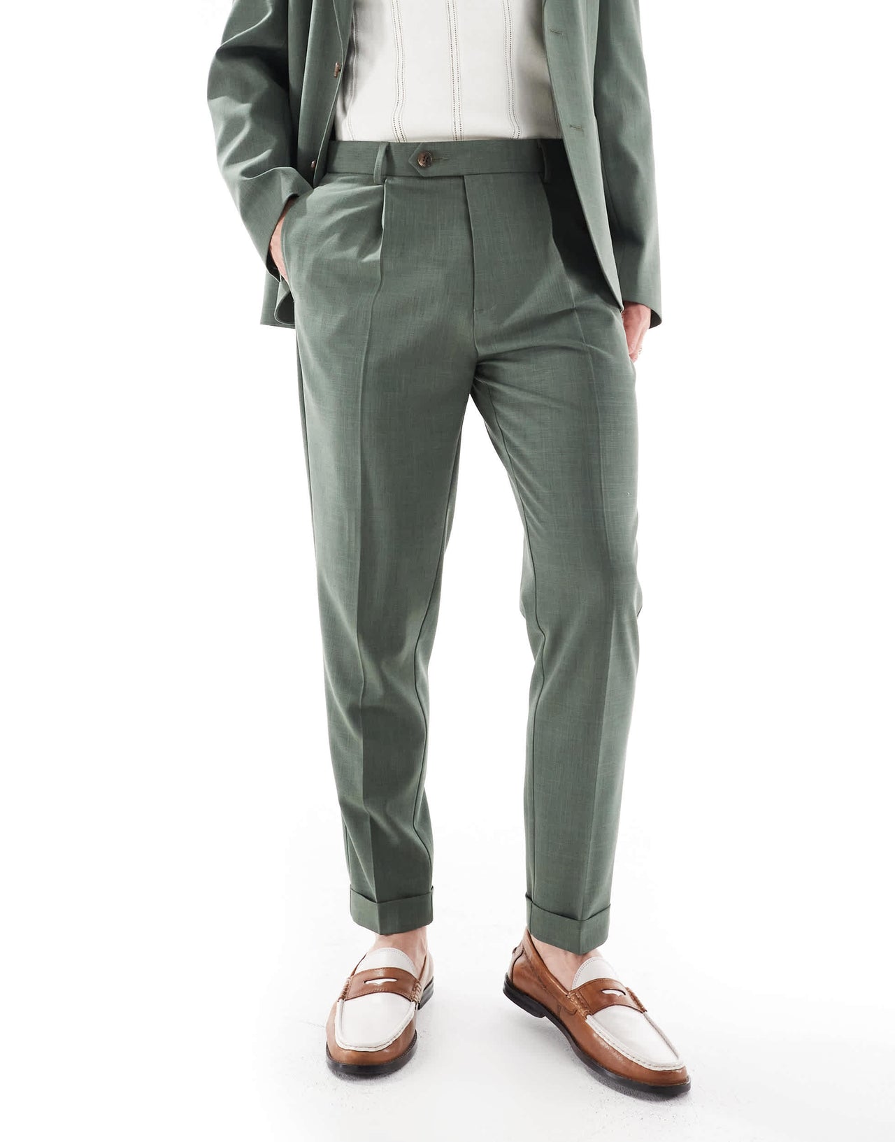 ASOS DESIGN tapered summer suit trousers in green crosshatch with turn up