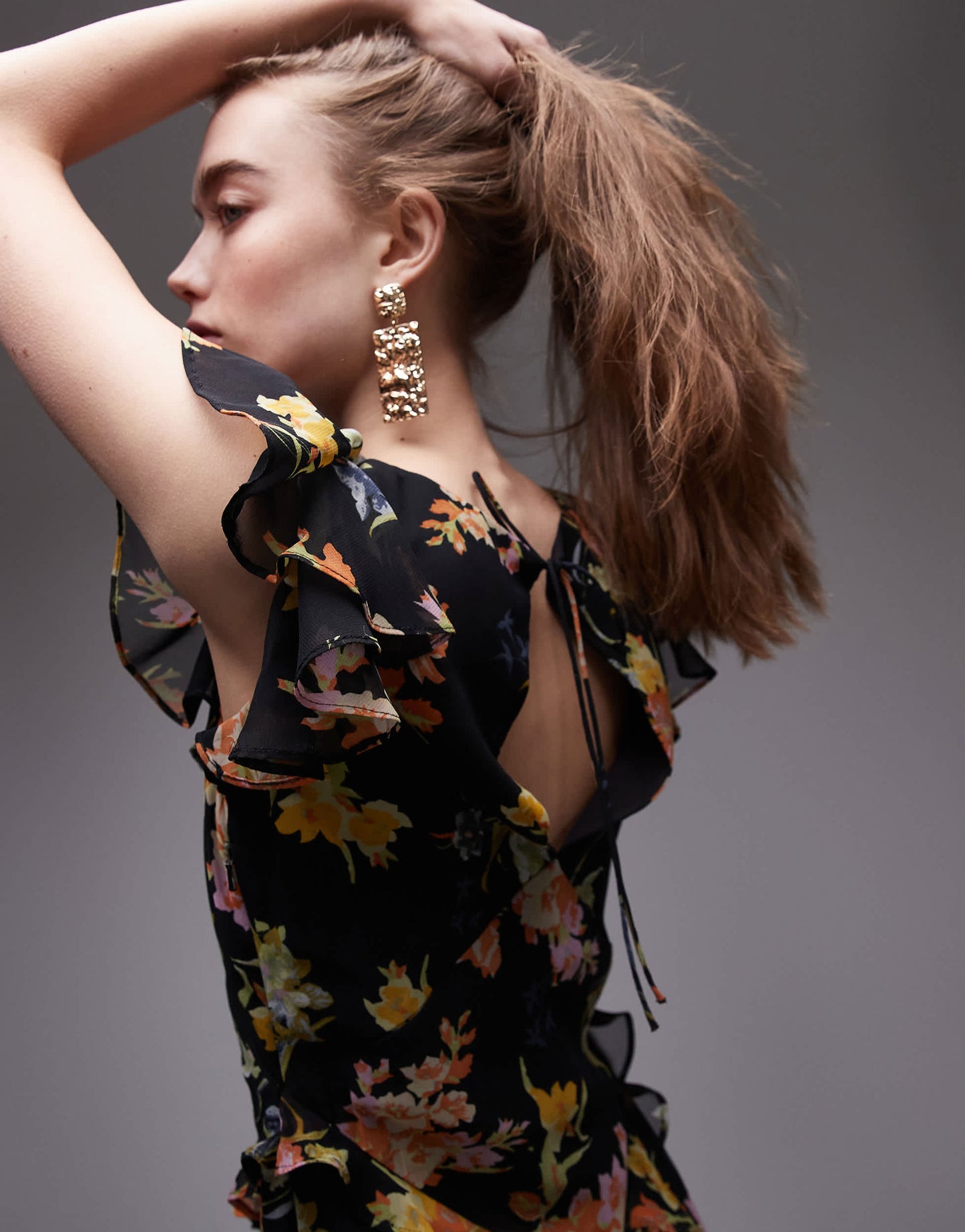 Topshop flutter sleeve ruffle occasion midi dress in black base floral