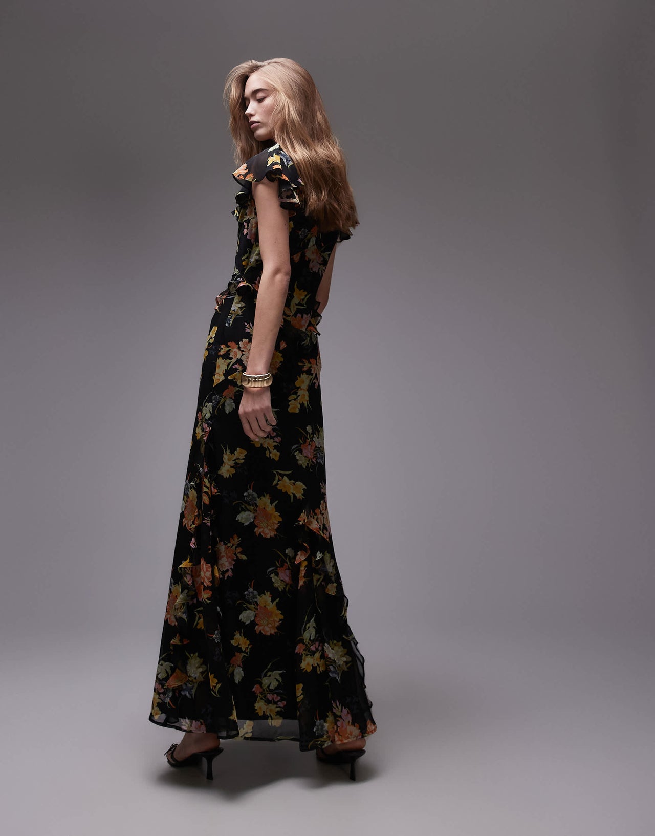 Topshop flutter sleeve ruffle occasion midi dress in black base floral
