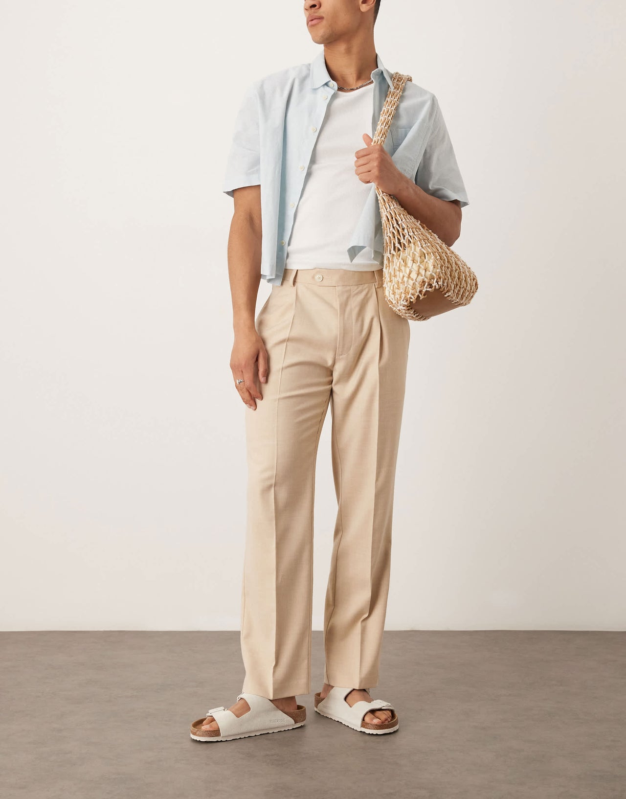 ASOS DESIGN smart tapered crosshatch textured trousers with front pleat in beige
