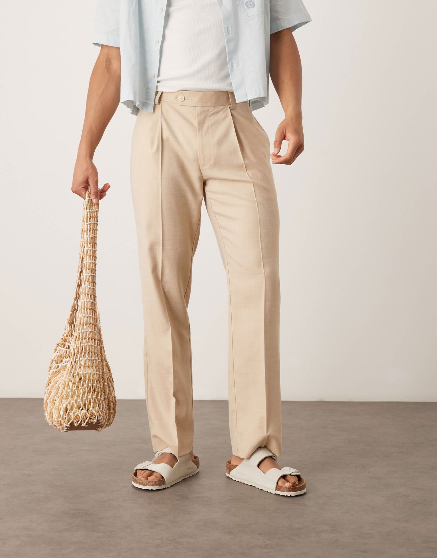 ASOS DESIGN smart tapered crosshatch textured trousers with front pleat in beige