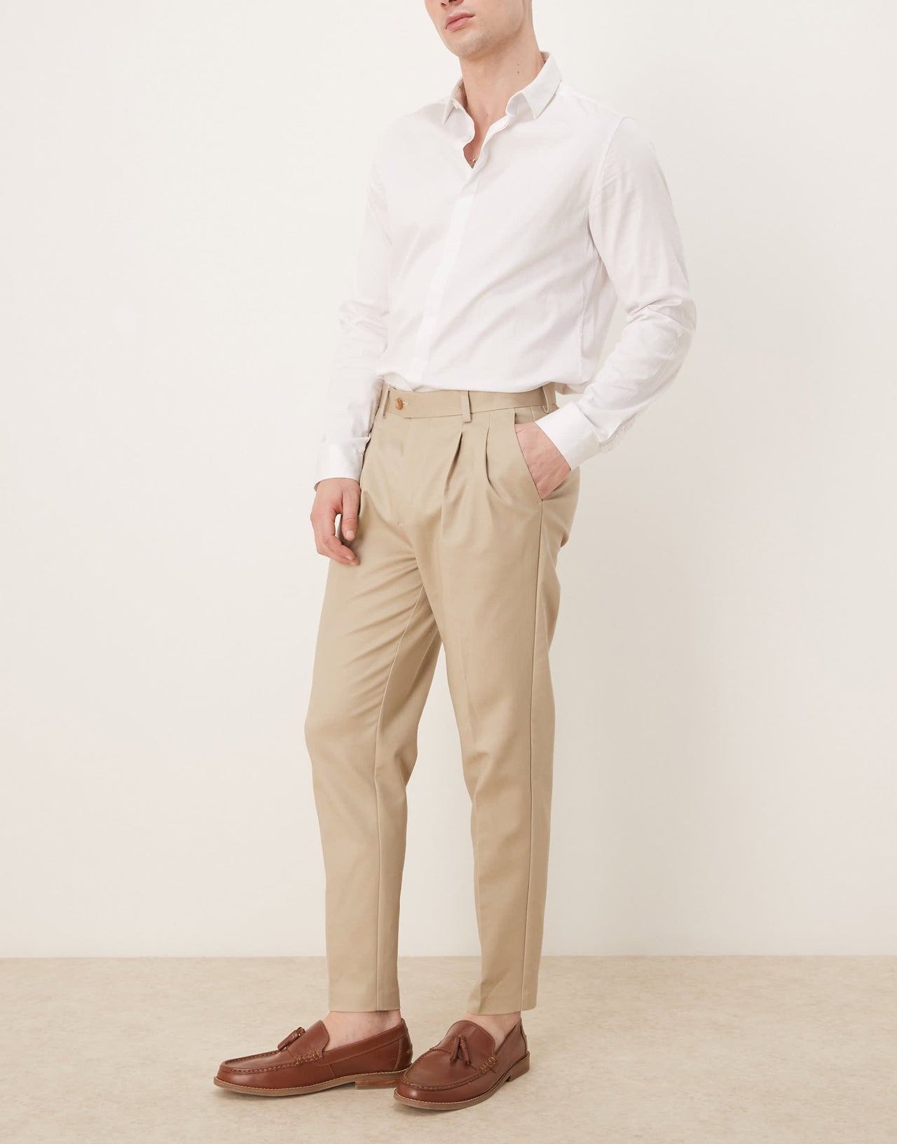 ASOS DESIGN smart tapered cotton chino trousers in camel