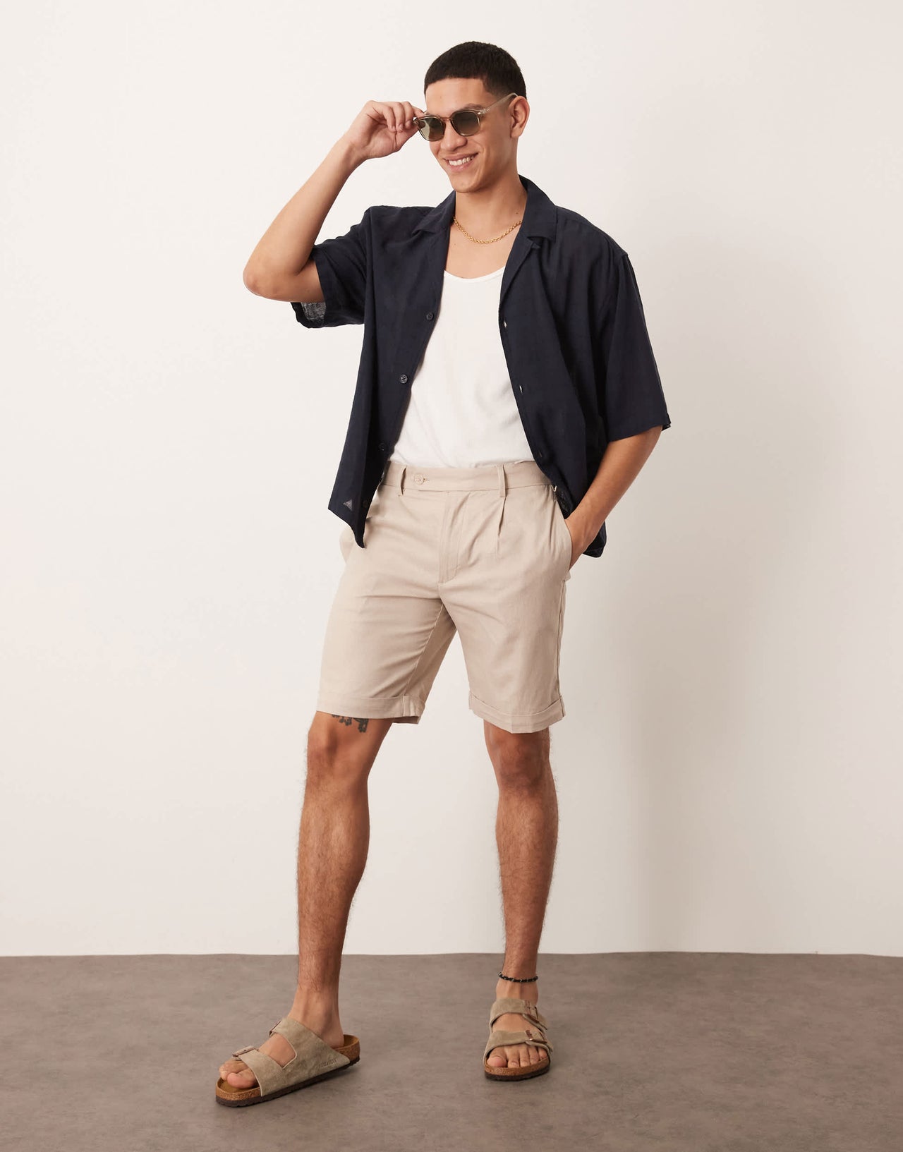ASOS DESIGN smart straight linen blend chino shorts with front pleat in stone