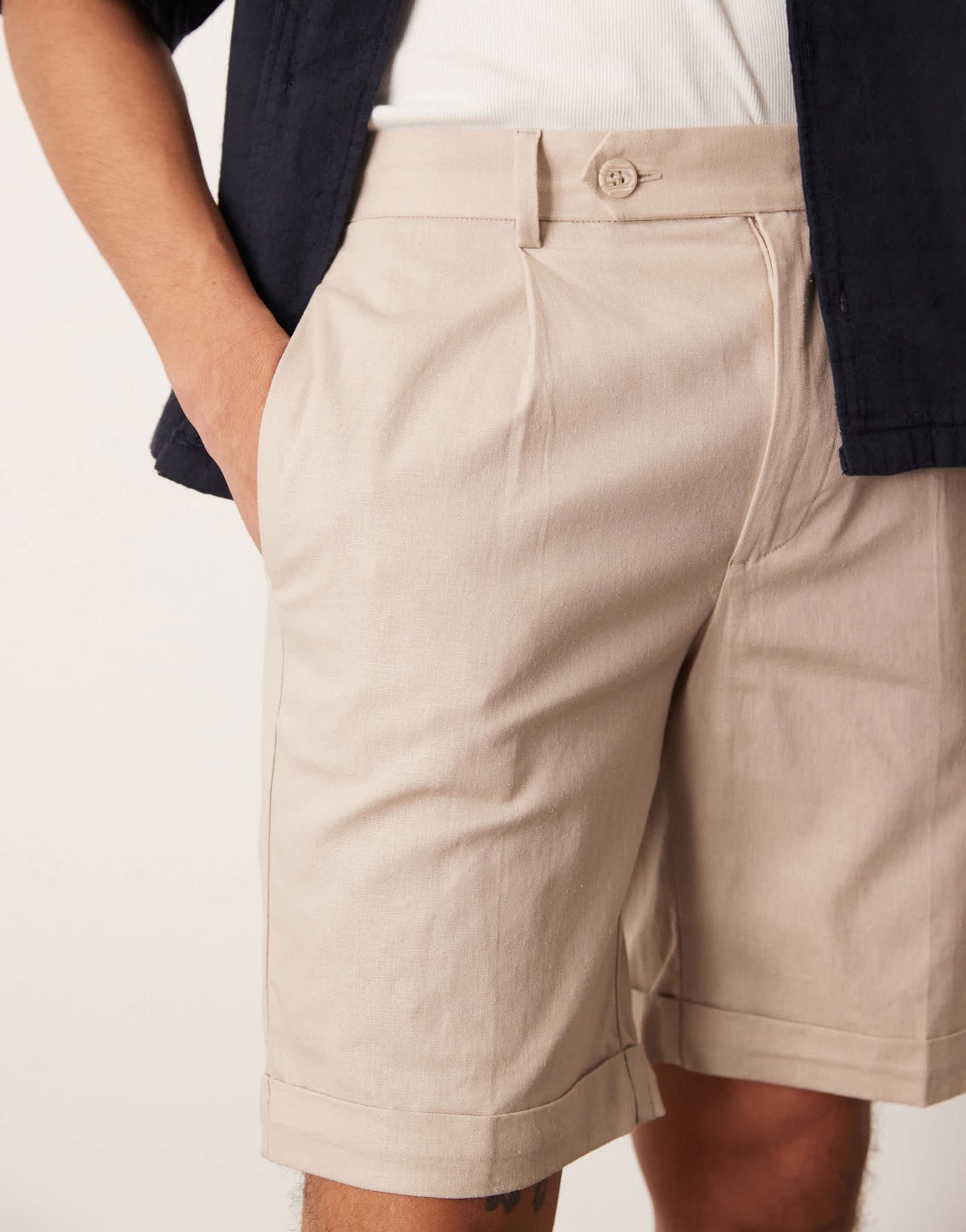 ASOS DESIGN smart straight linen blend chino shorts with front pleat in stone