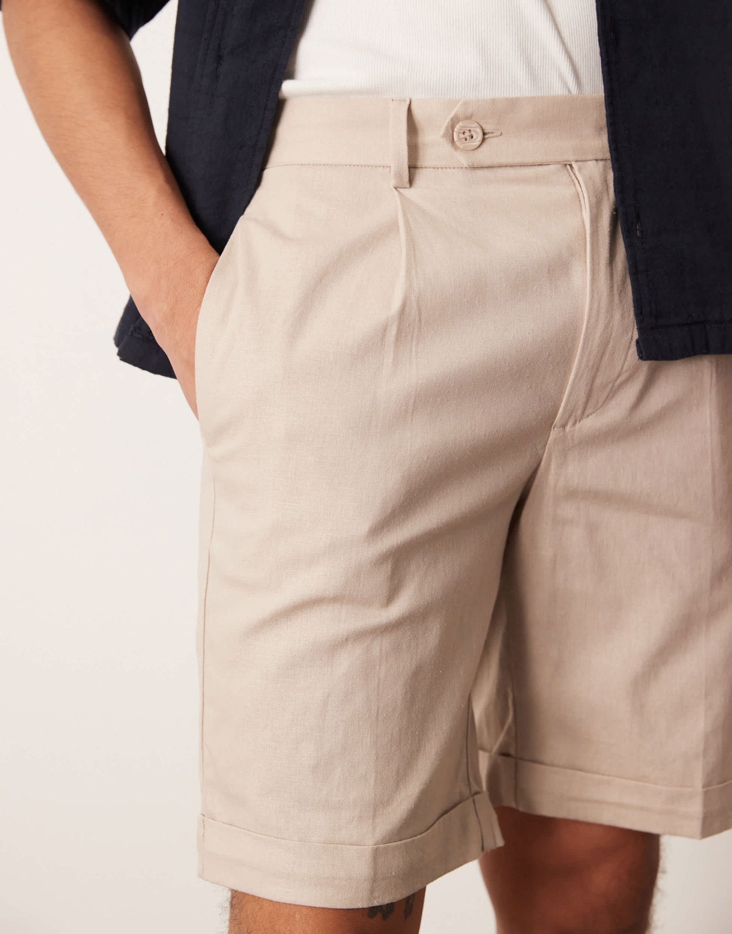 ASOS DESIGN smart straight linen blend chino shorts with front pleat in stone