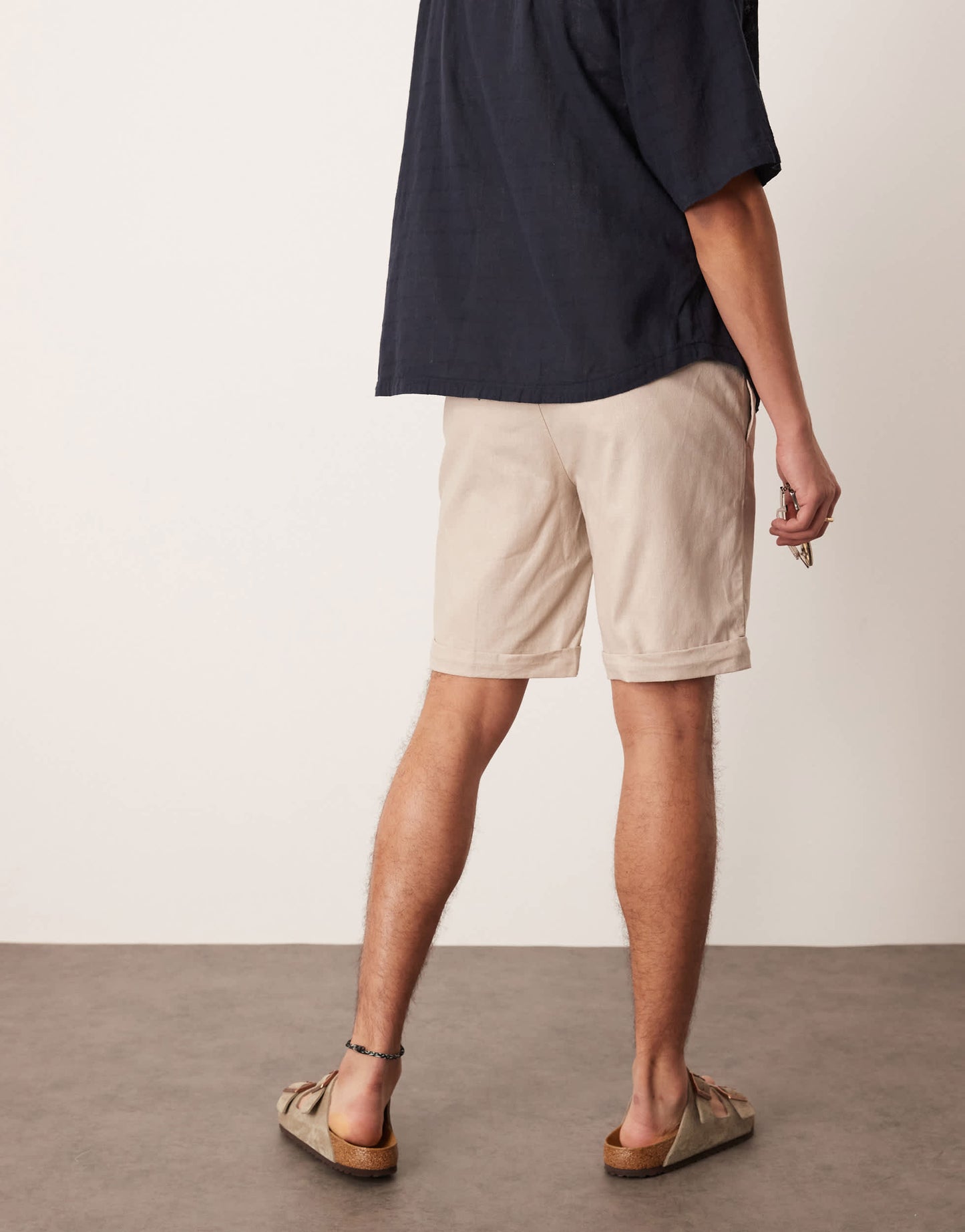 ASOS DESIGN smart straight linen blend chino shorts with front pleat in stone