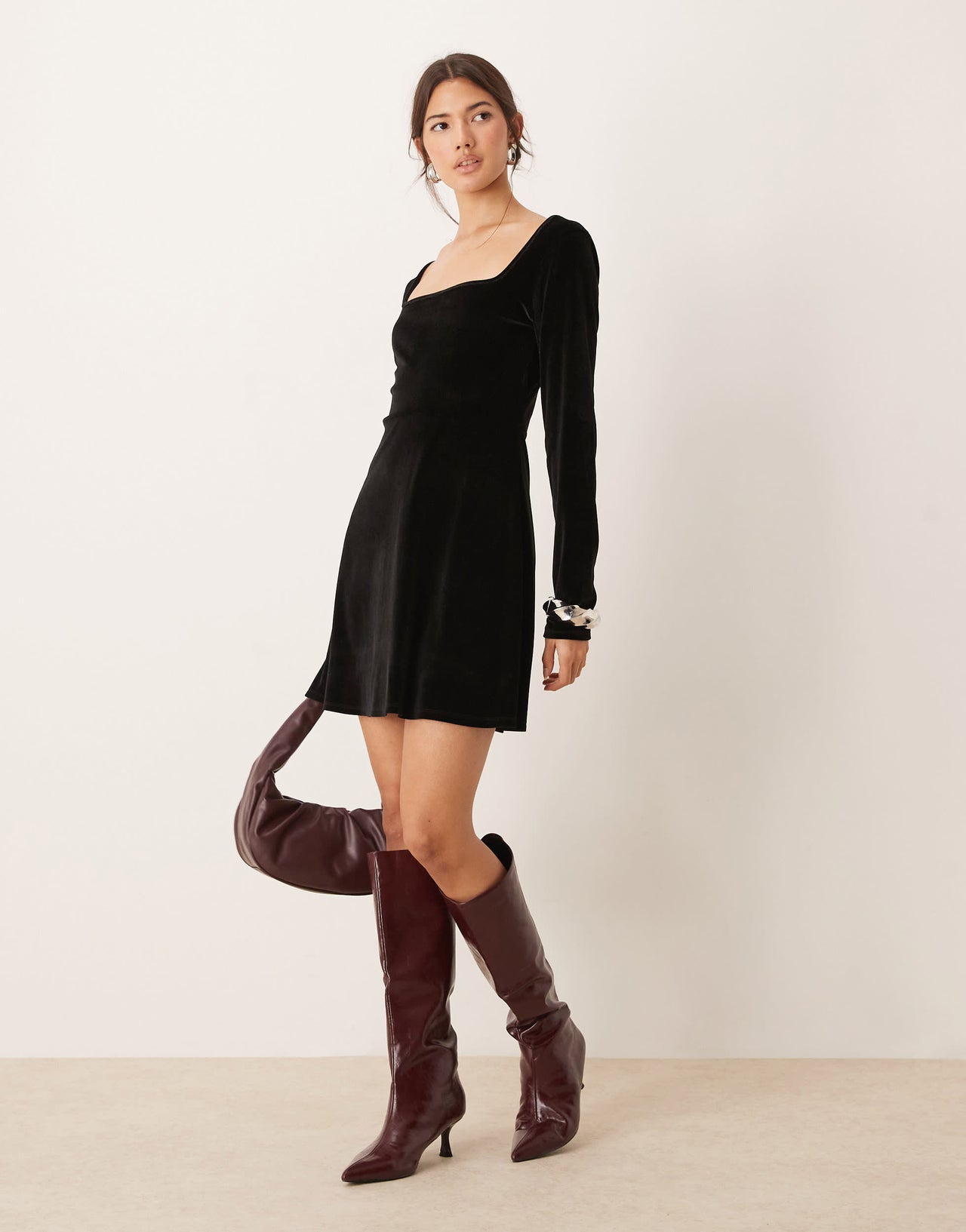 Miss Selfridge velvet square neck fit and flare dress