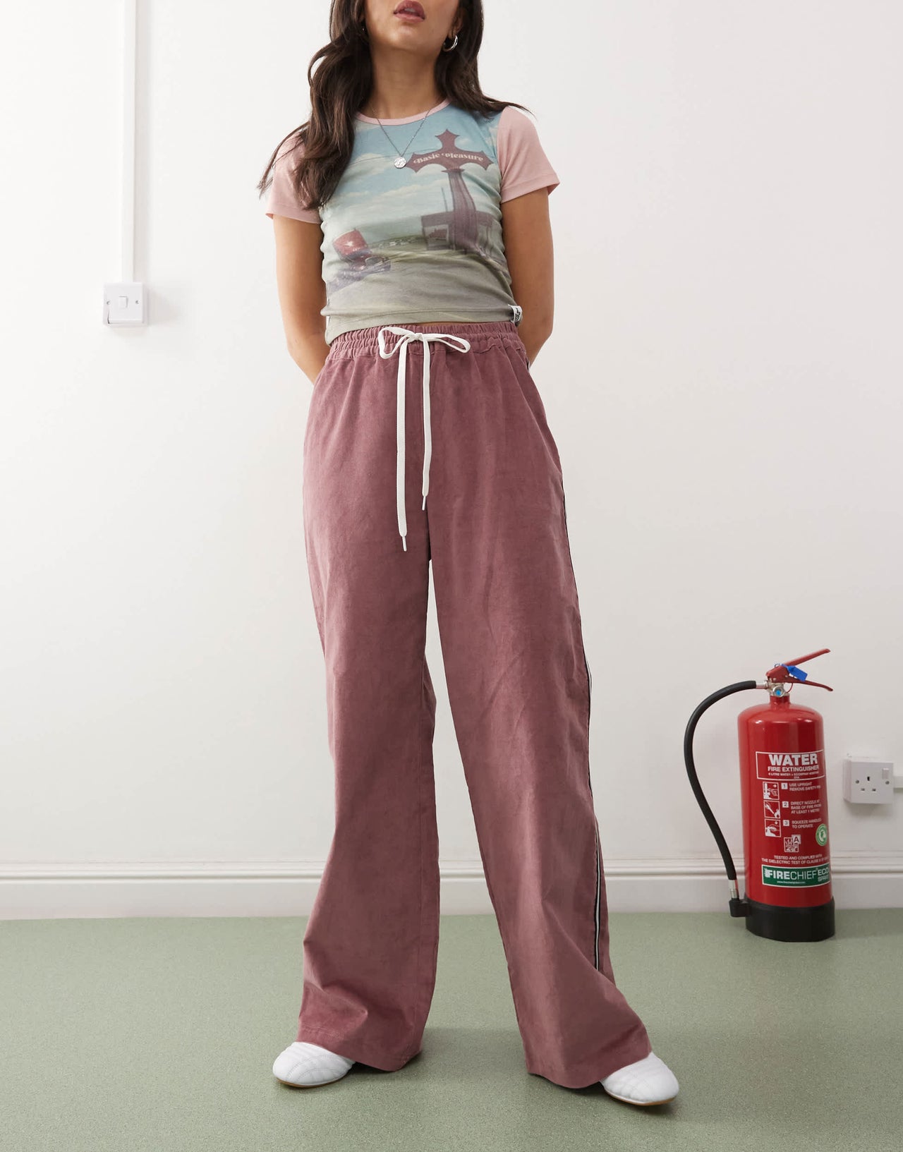 Monki cord wide leg track pants with side stripe in burgundy