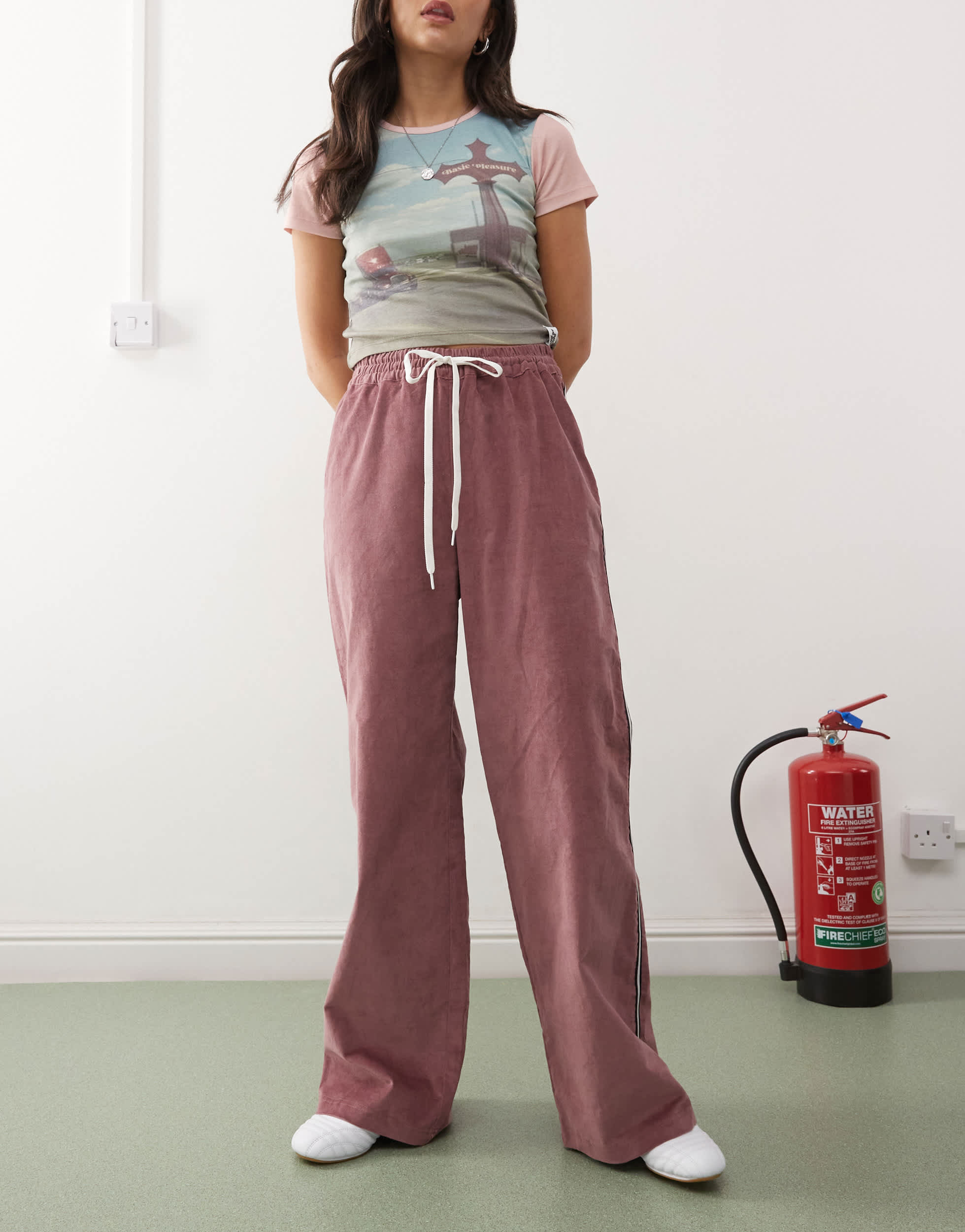 Monki cord wide leg track pants with side stripe in burgundy