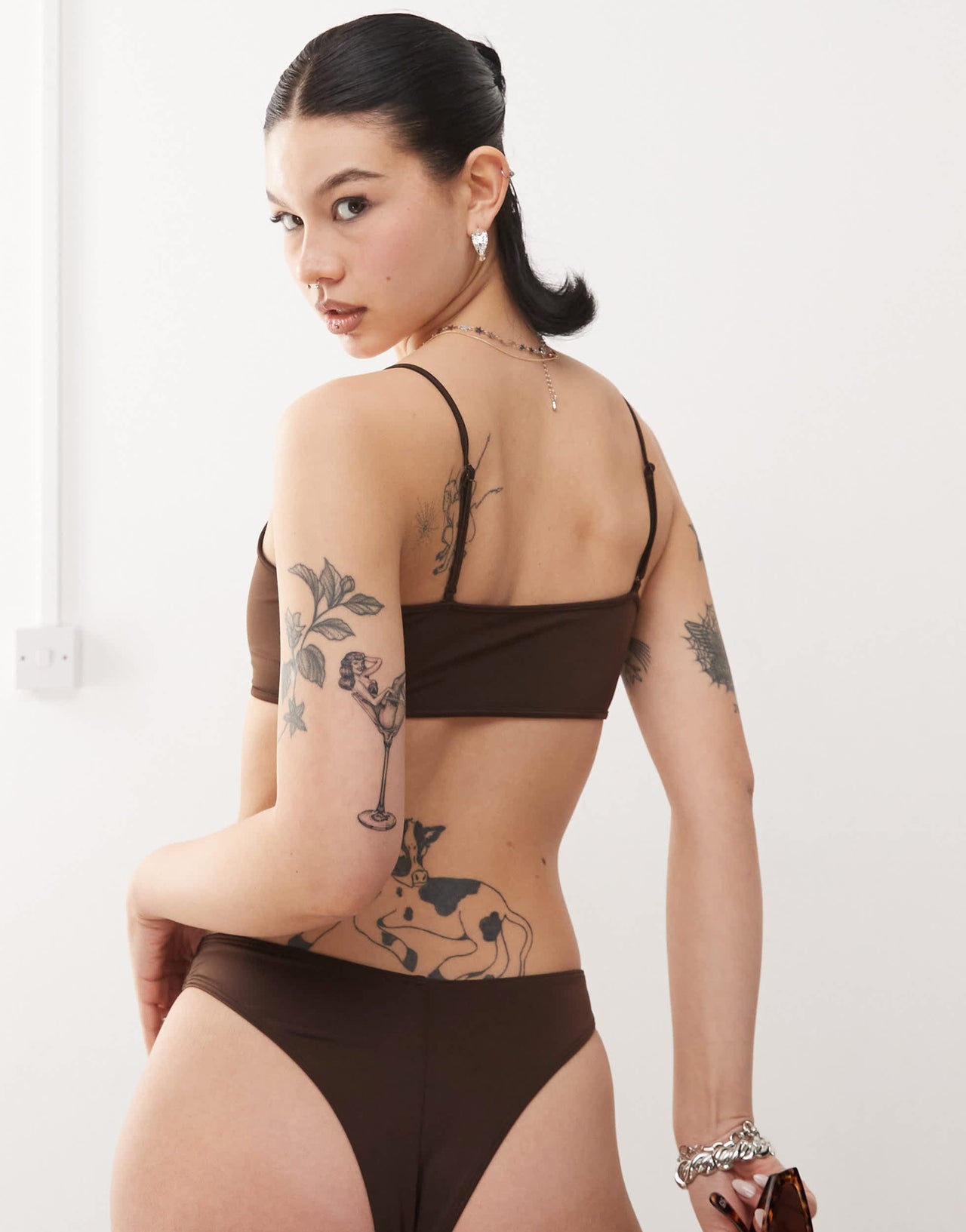 Monki mix and match scoop neck bikini top with tie front detail in dark chocolate brown