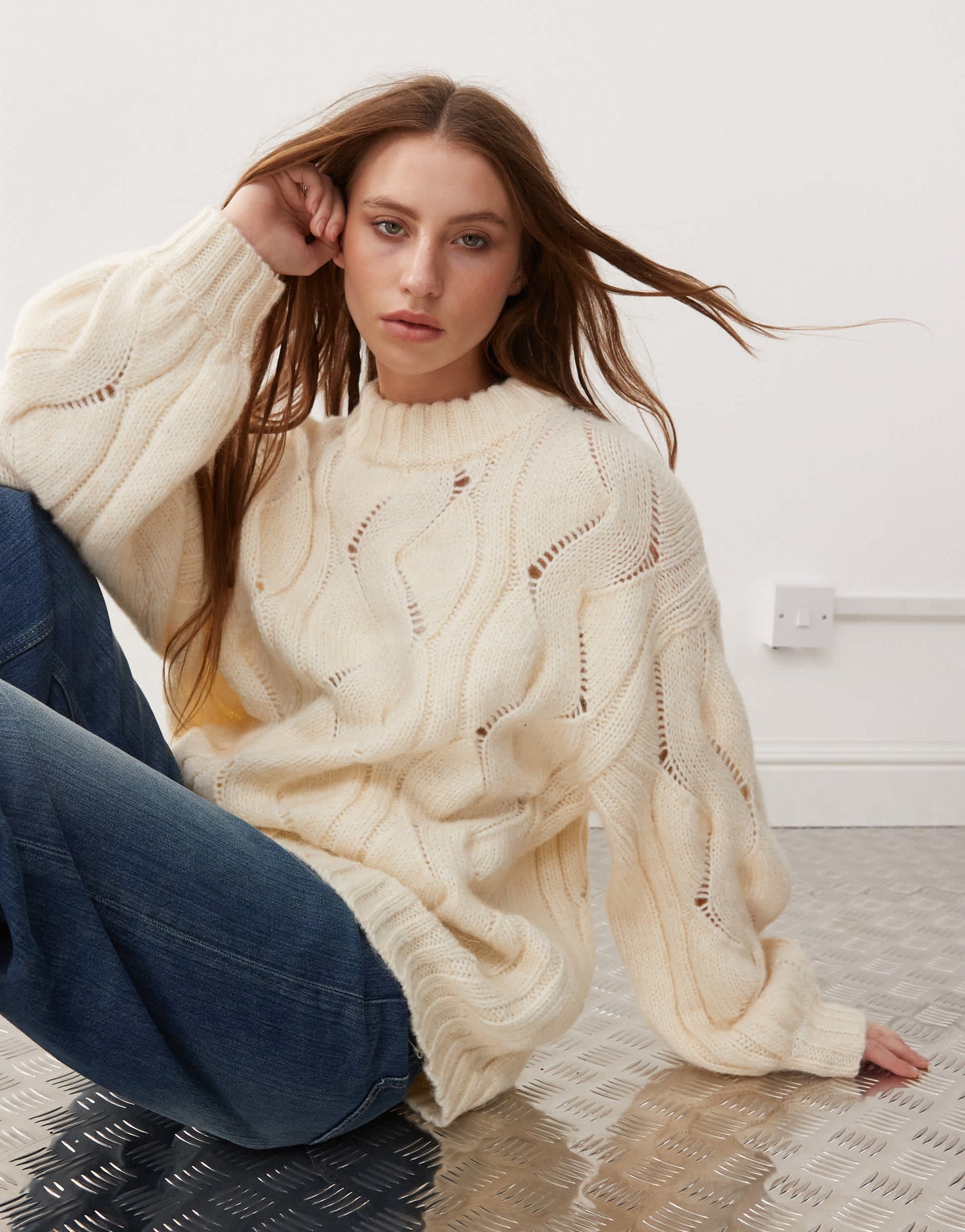 Monki oversized crew neck cable knitted sweater in off white