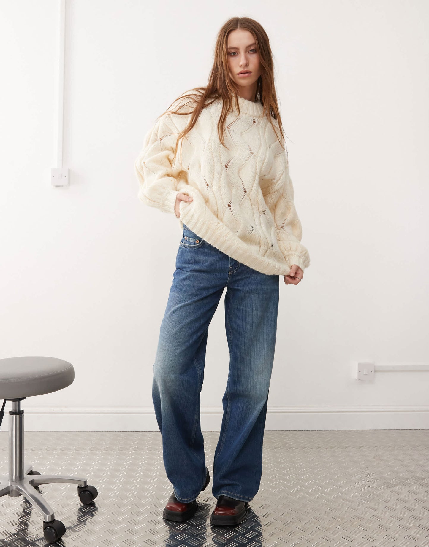 Monki oversized crew neck cable knitted sweater in off white
