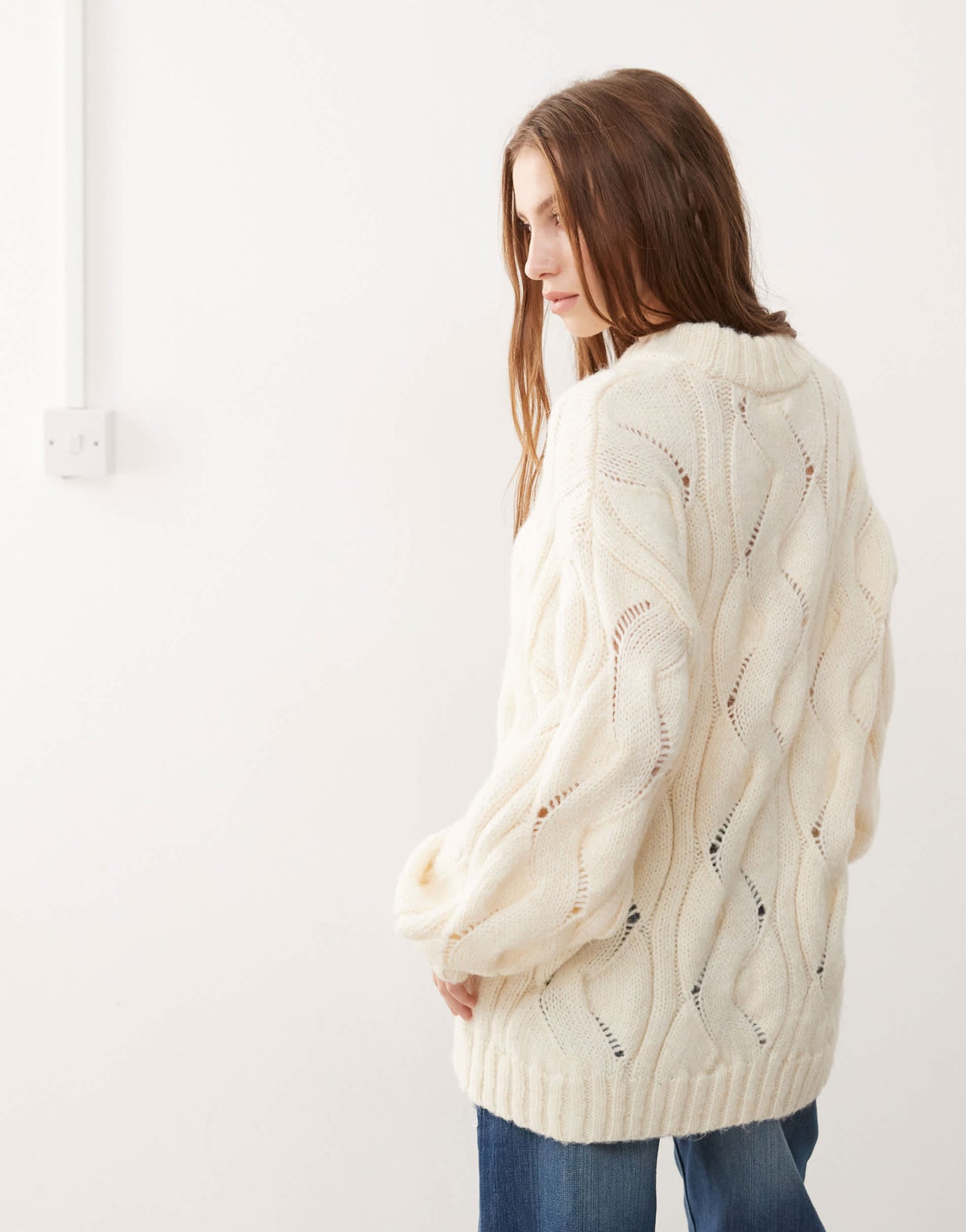 Monki oversized crew neck cable knitted sweater in off white