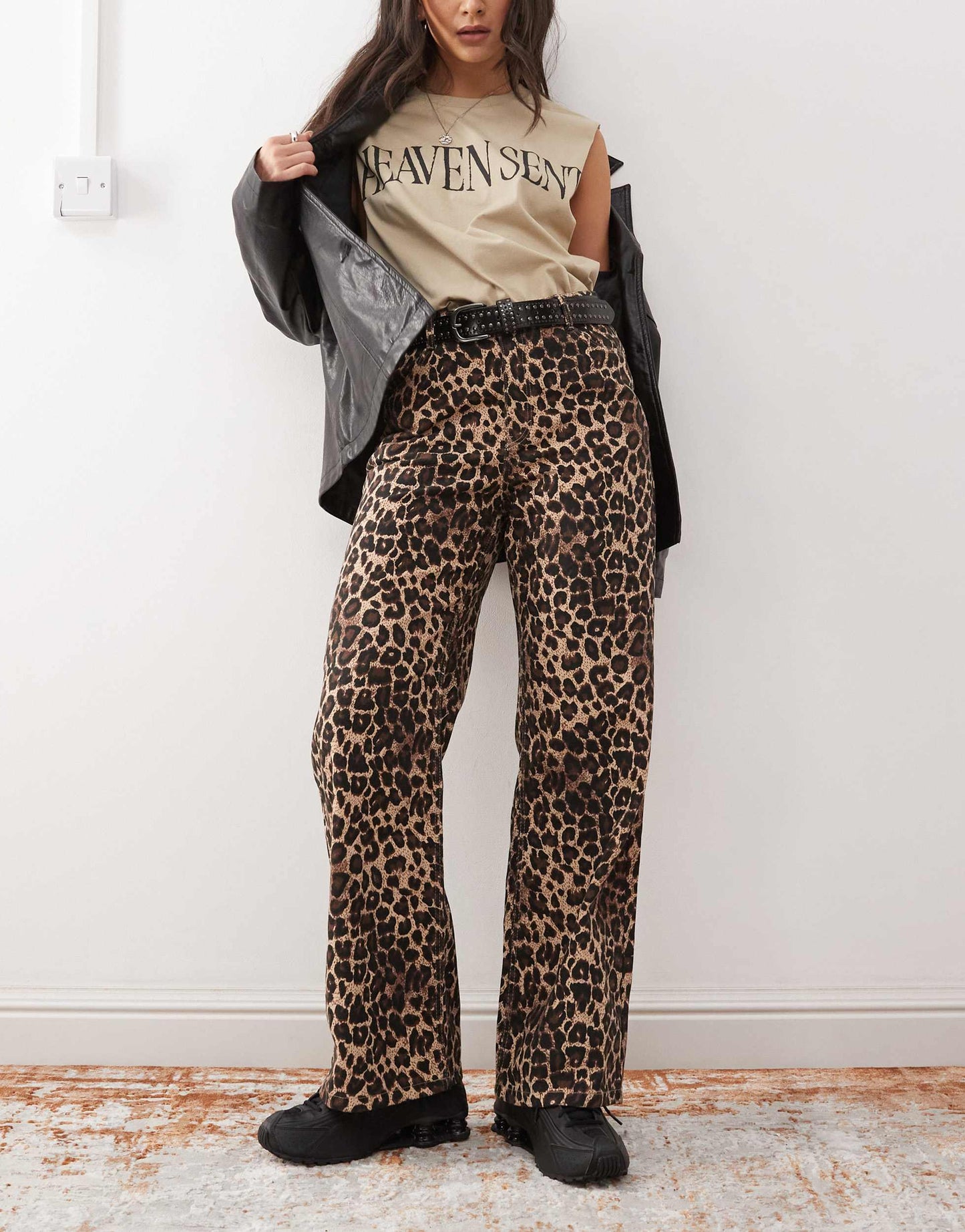 Monki mid rise trousers in brown leopard print