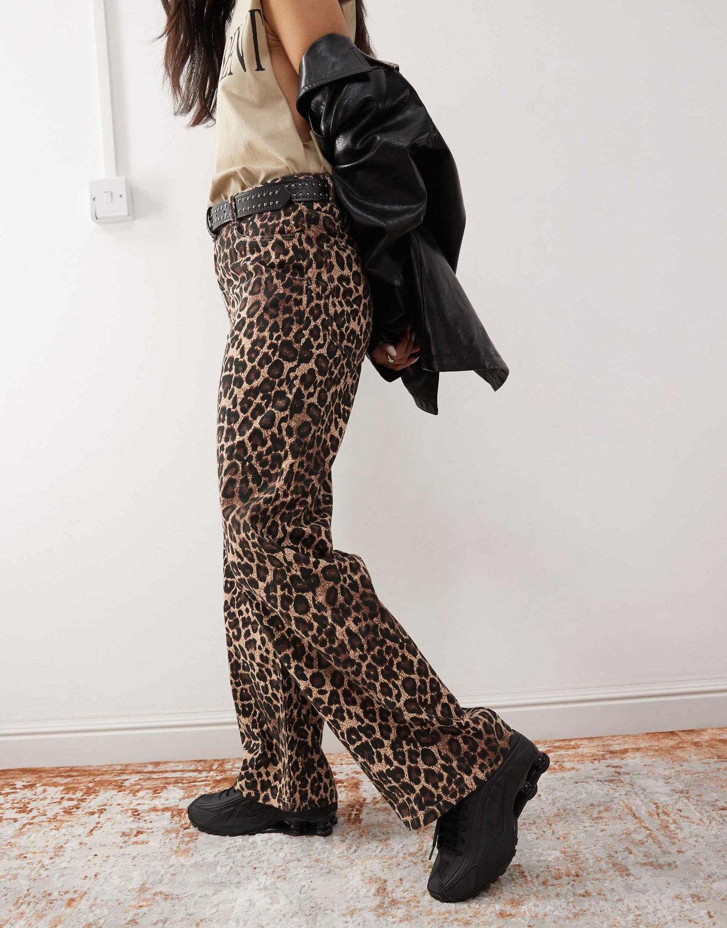 Monki mid rise trousers in brown leopard print