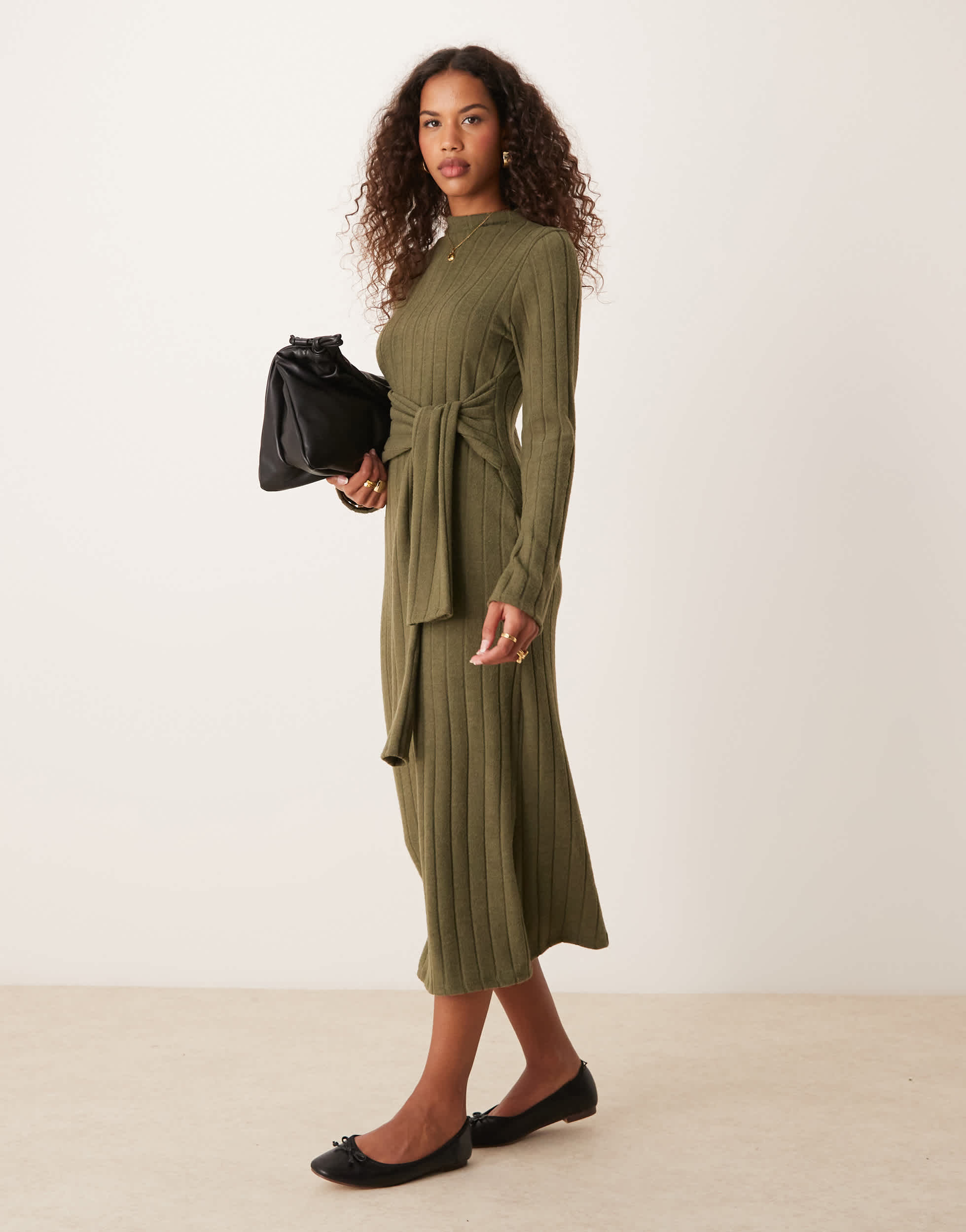 ASOS DESIGN chunky fluffy ribbed midi dress with wrap waist in khaki