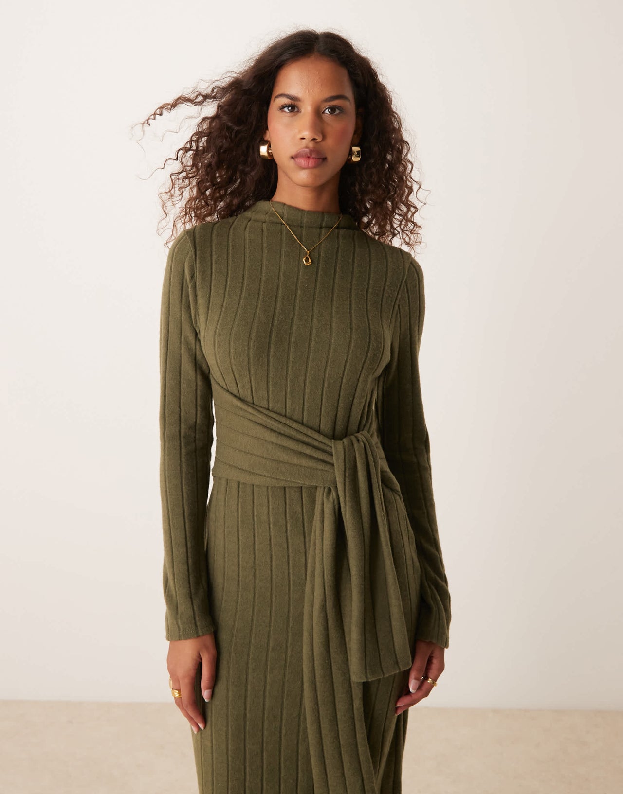 ASOS DESIGN chunky fluffy ribbed midi dress with wrap waist in khaki
