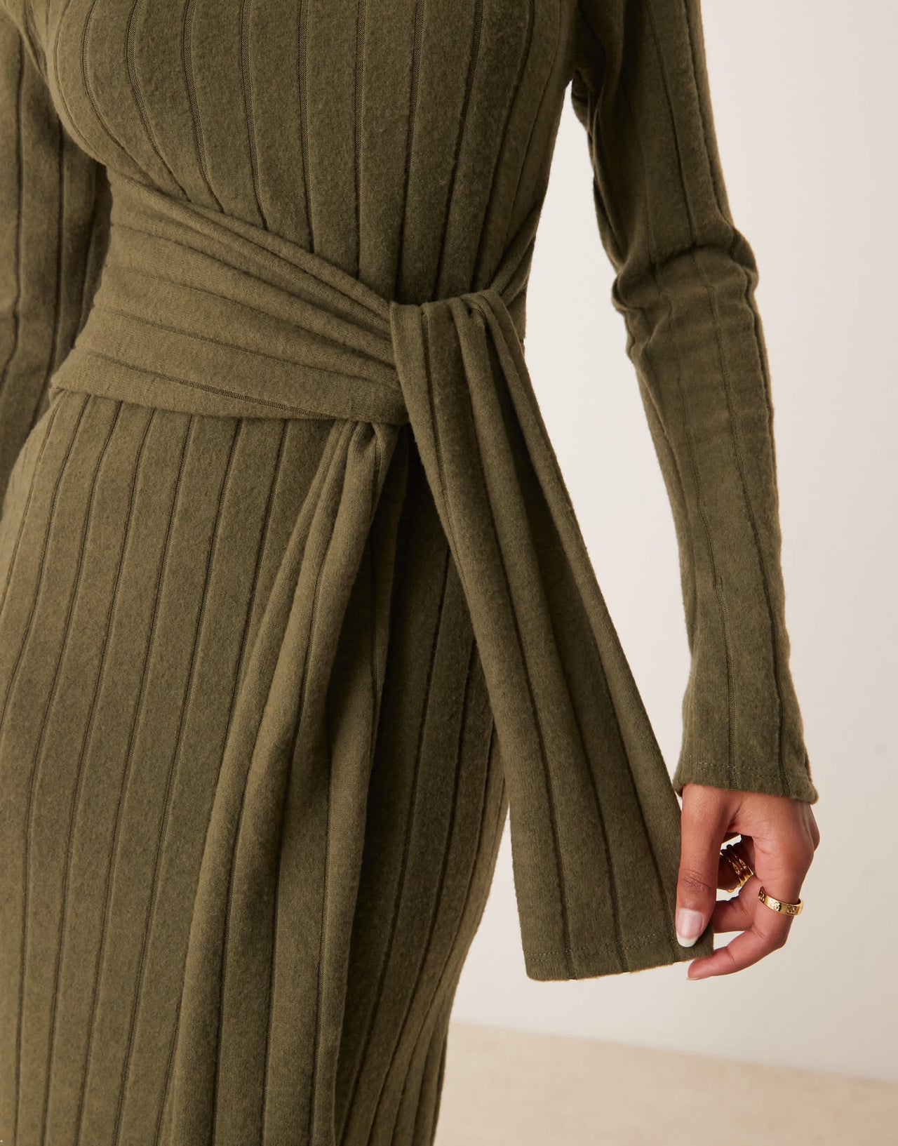 ASOS DESIGN chunky fluffy ribbed midi dress with wrap waist in khaki