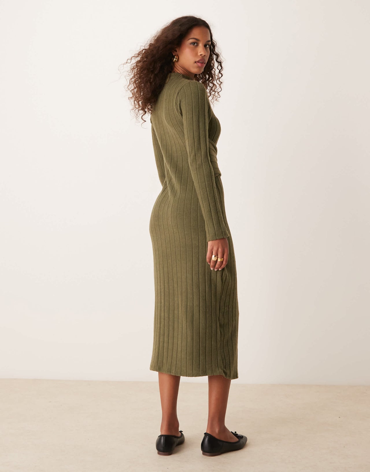 ASOS DESIGN chunky fluffy ribbed midi dress with wrap waist in khaki