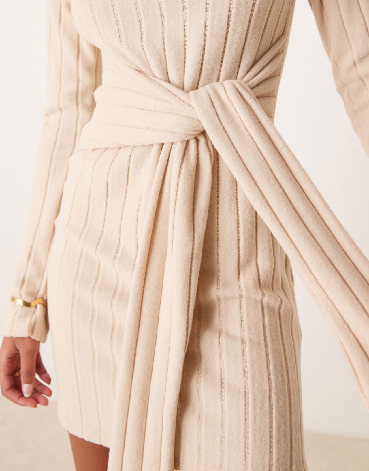ASOS DESIGN chunky fluffy ribbed mini dress with wrap waist in cream