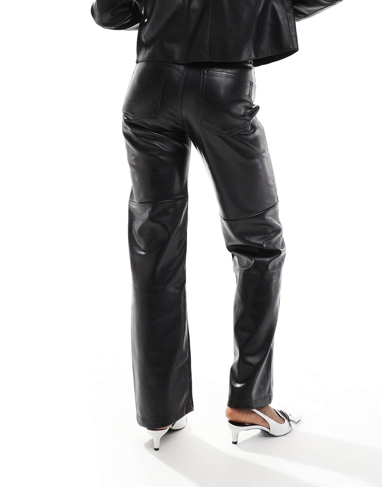 Bershka straight leg faux leather trousers in black
