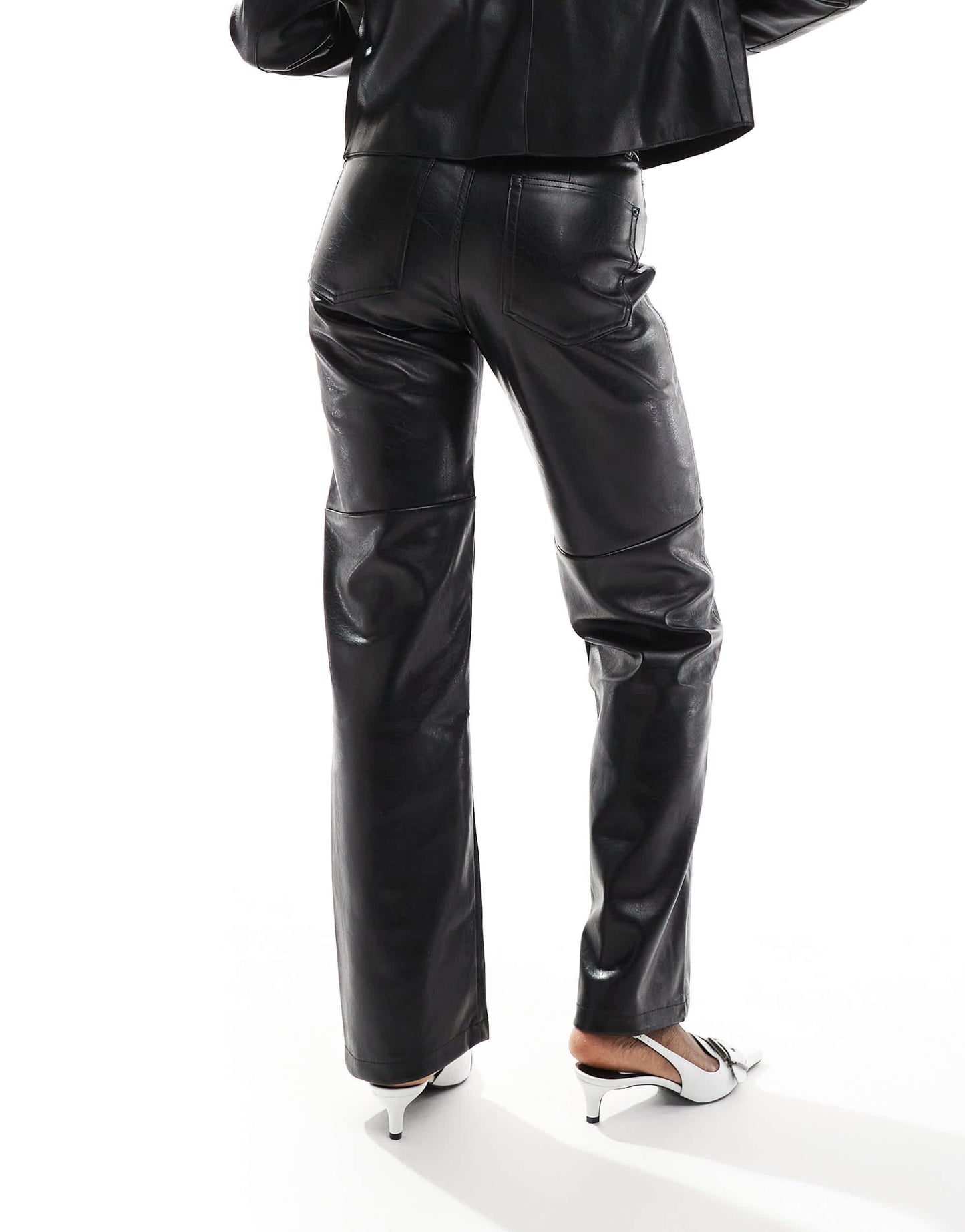 Bershka straight leg faux leather trousers in black
