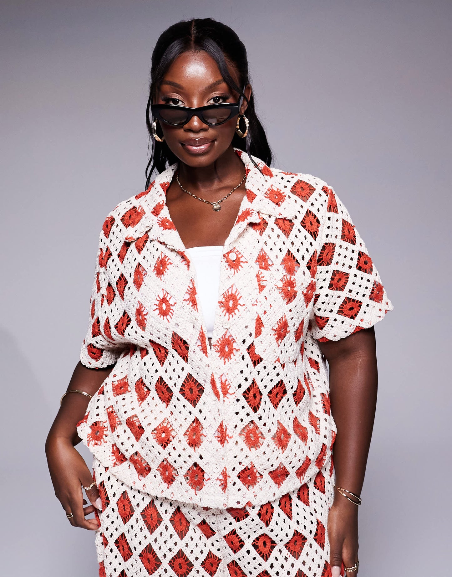 South Beach Curve crochet short sleeve beach shirt co-ord in cream and rust
