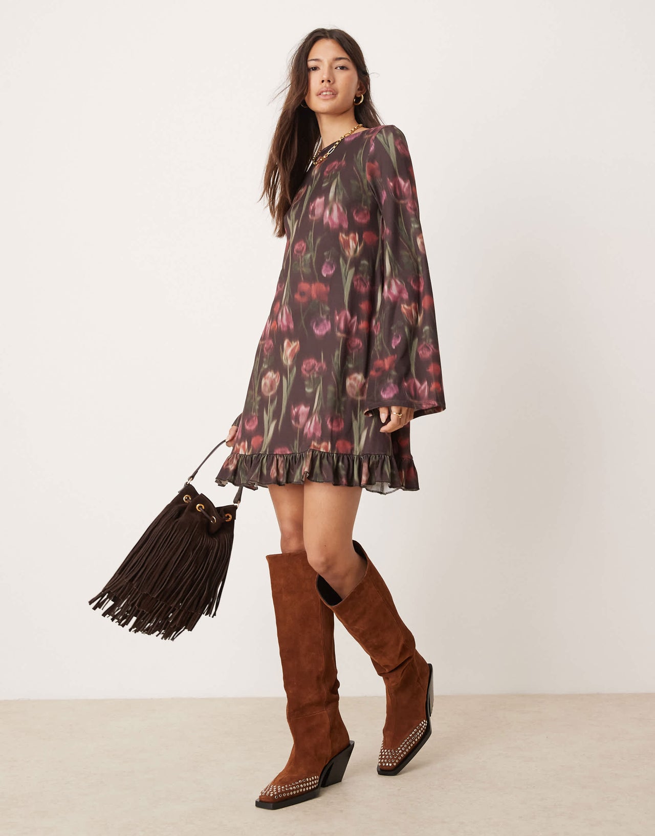 ASOS DESIGN long sleeve frill and open back mini dress in boho floral print